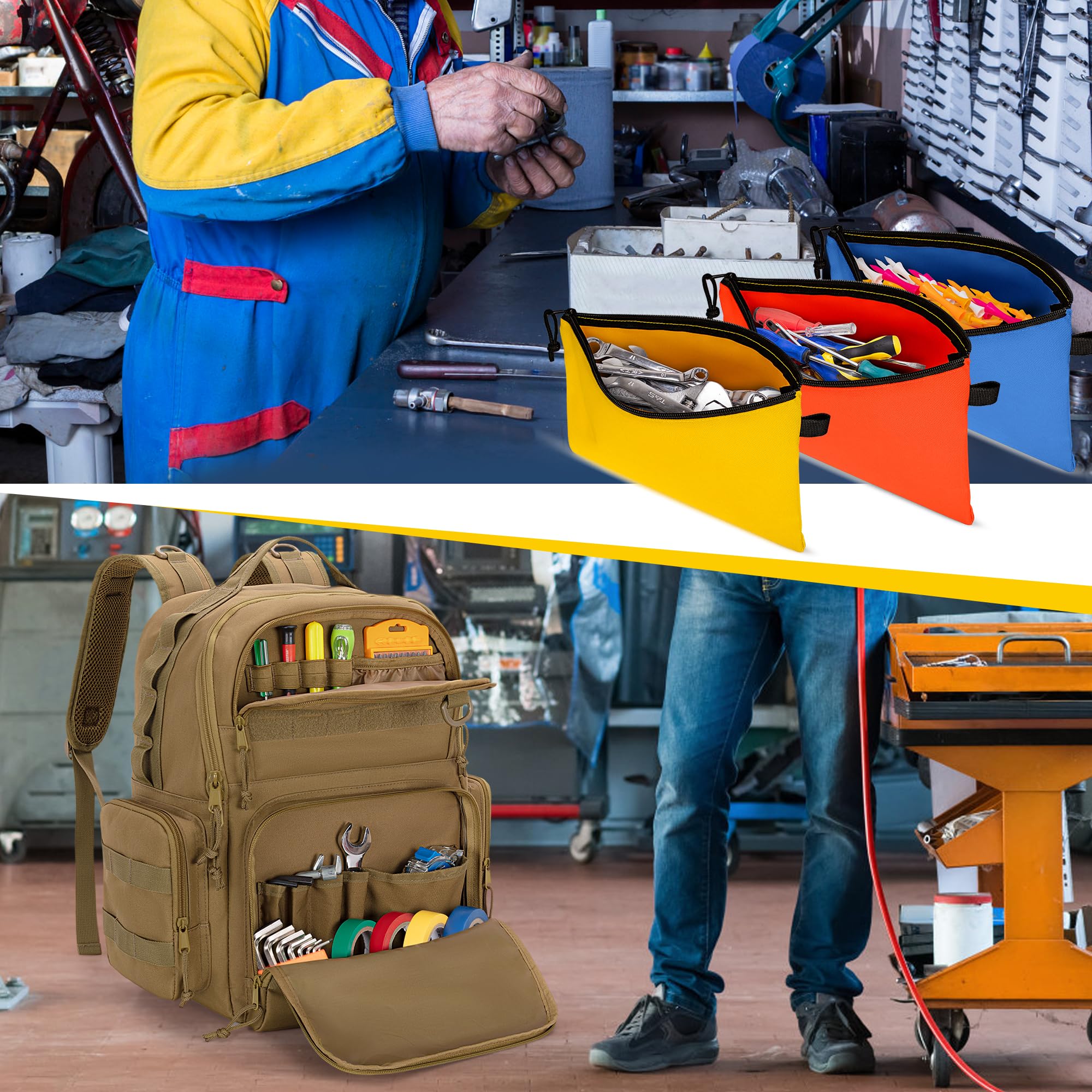 Rexmica Werkzeugrucksack für Herren mit 3 Kleine Werkzeugtaschen, Khaki | Organizer-Tasche zur Werkzeugaufbewahrung, Taktische Arbeitswerkzeugtasche für Elektriker, Handwerker