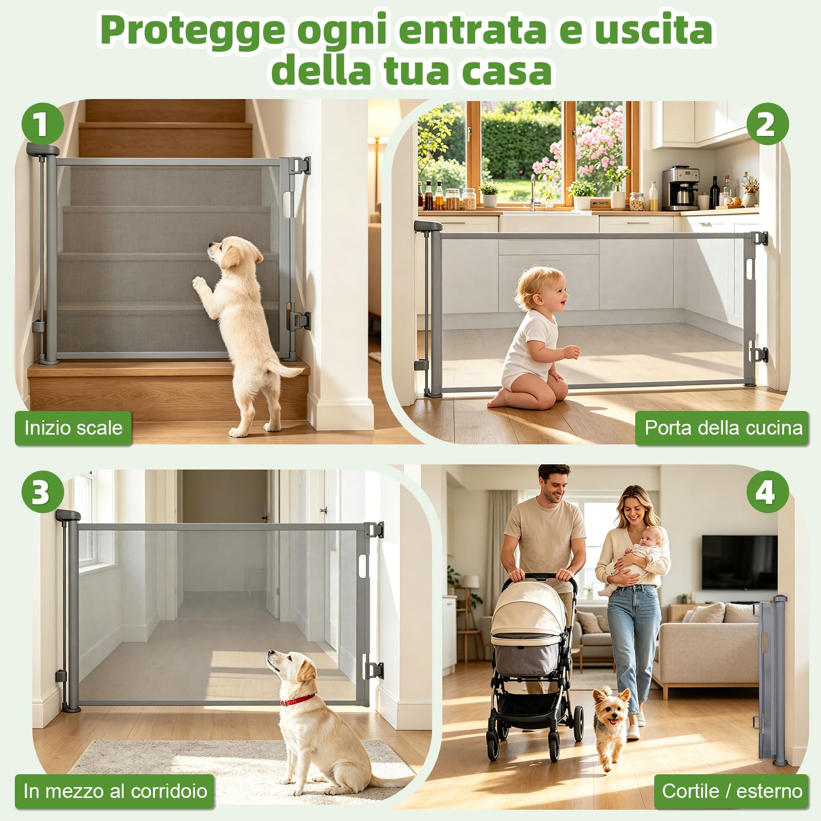 Cancelletto di Sicurezza Retrattile per Bambini 0-150 cm per Cani Scale Corridoi Interni Esterni Grigio