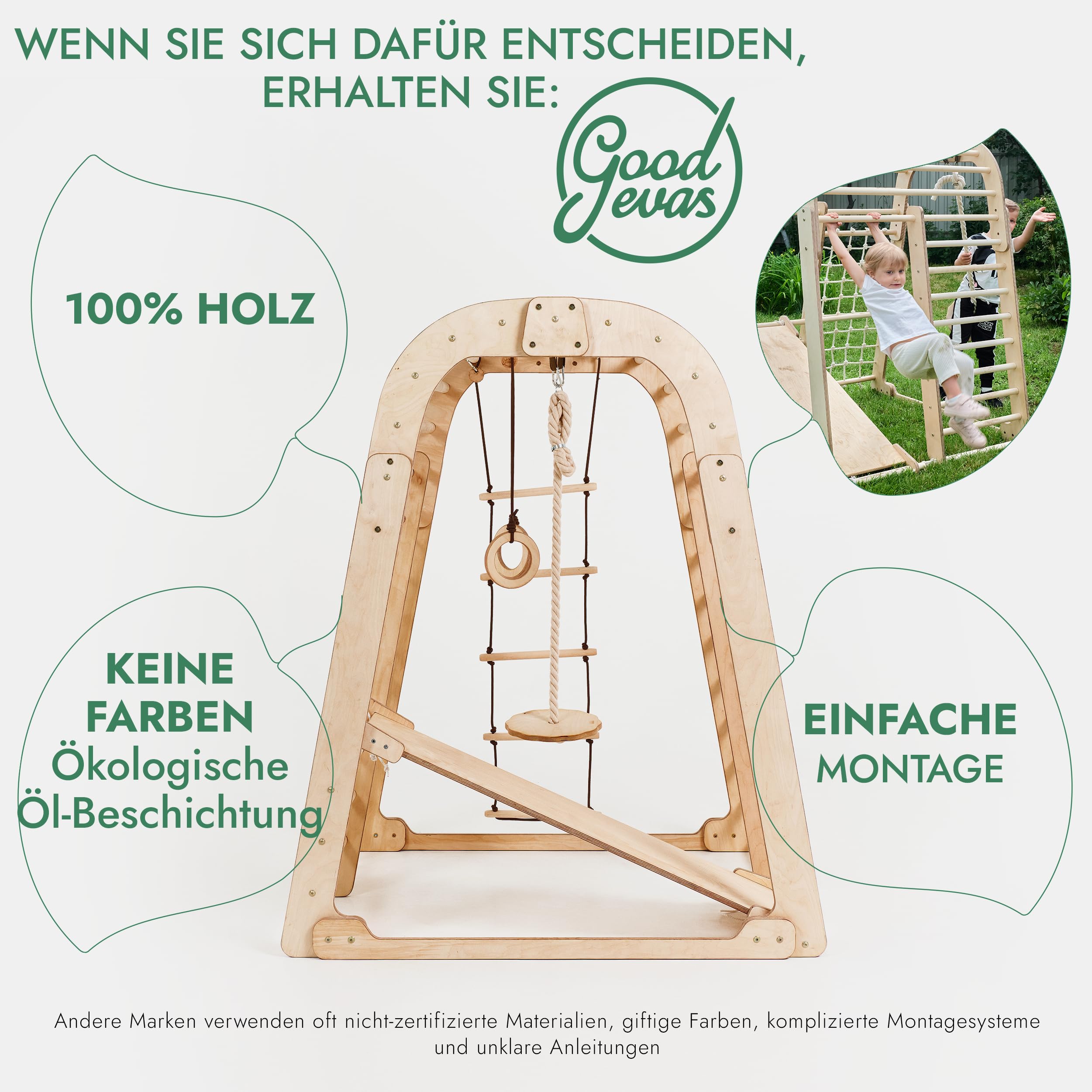 Montessori Struttura in Legno per Bambini, Parco Giochi con Scivolo, Altalena, Parete da Arrampicata, Corda, Scala a Maglia 3-8