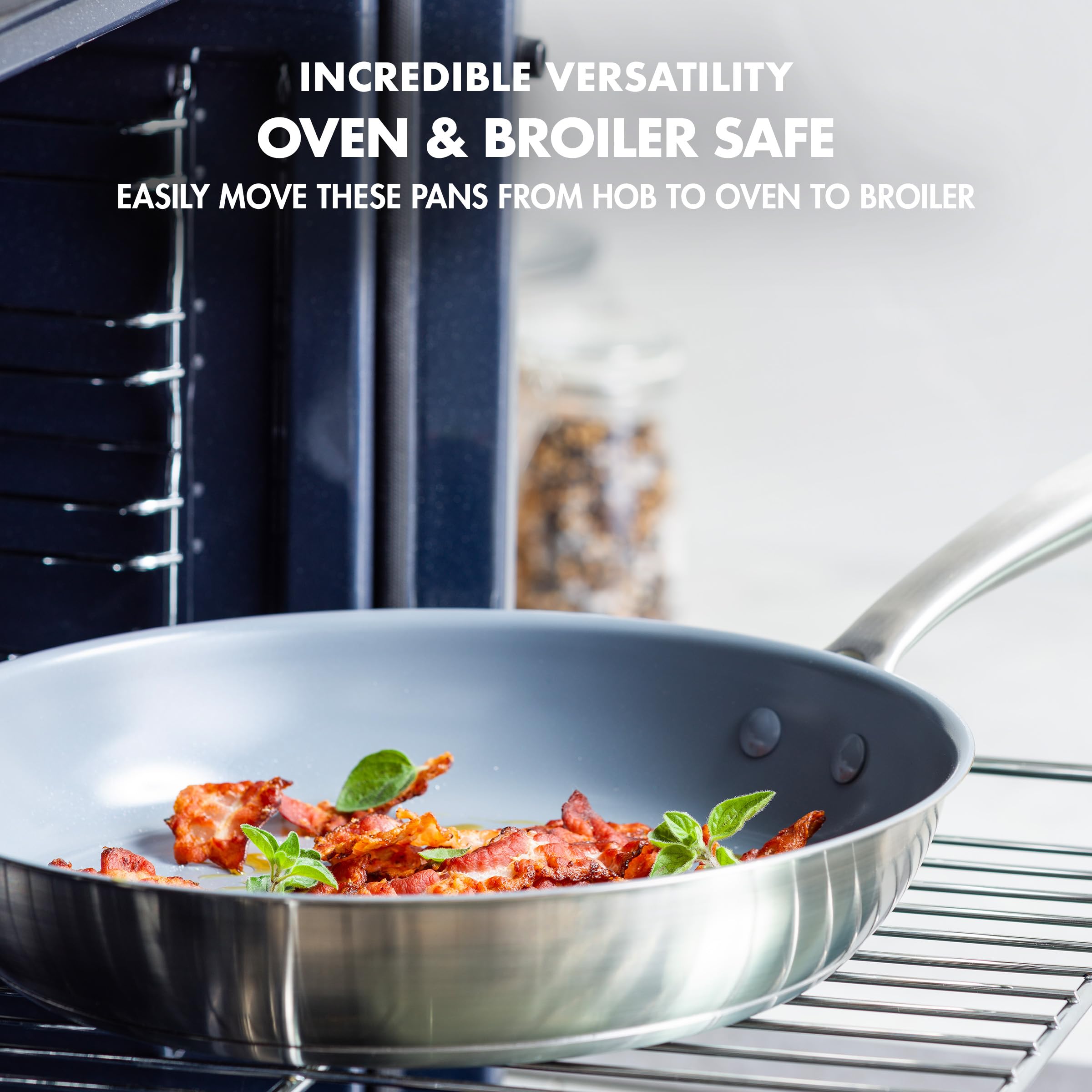 GreenPan Treviso Set di 2 Padelle in Acciaio Inox con Rivestimento Ceramico Antiaderente Sano, 24 cm e 28 cm, senza PFAS, Induzione, Forno e Lavastoviglie, Argento