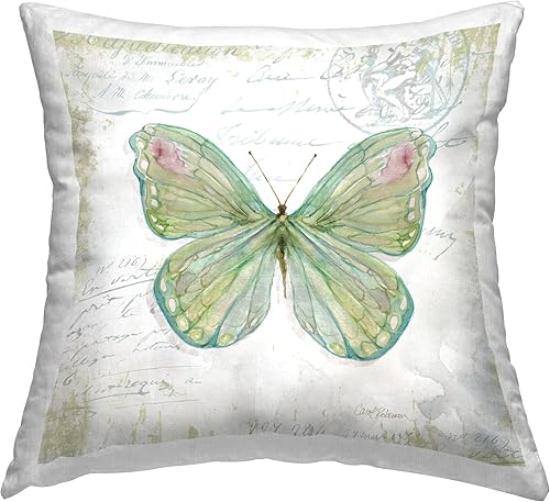 Stupell Industries Carol Robinson - Almohada con diseño de las escrituras postales antiguas de mariposa con diseño de insectos, 18 x 18 pulgadas,