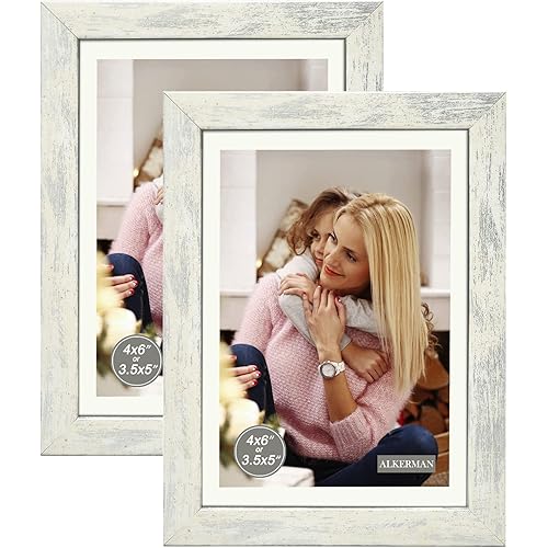 Alkerman 4x6 Picture Frames （pack of 2）,Display Pictures 3.5x5 with Mat or 4x6 Without Mat, Rustic White and Silver Wood Pattern High Definition Glass for Table Top Display and Wall Mounting Photo Frame