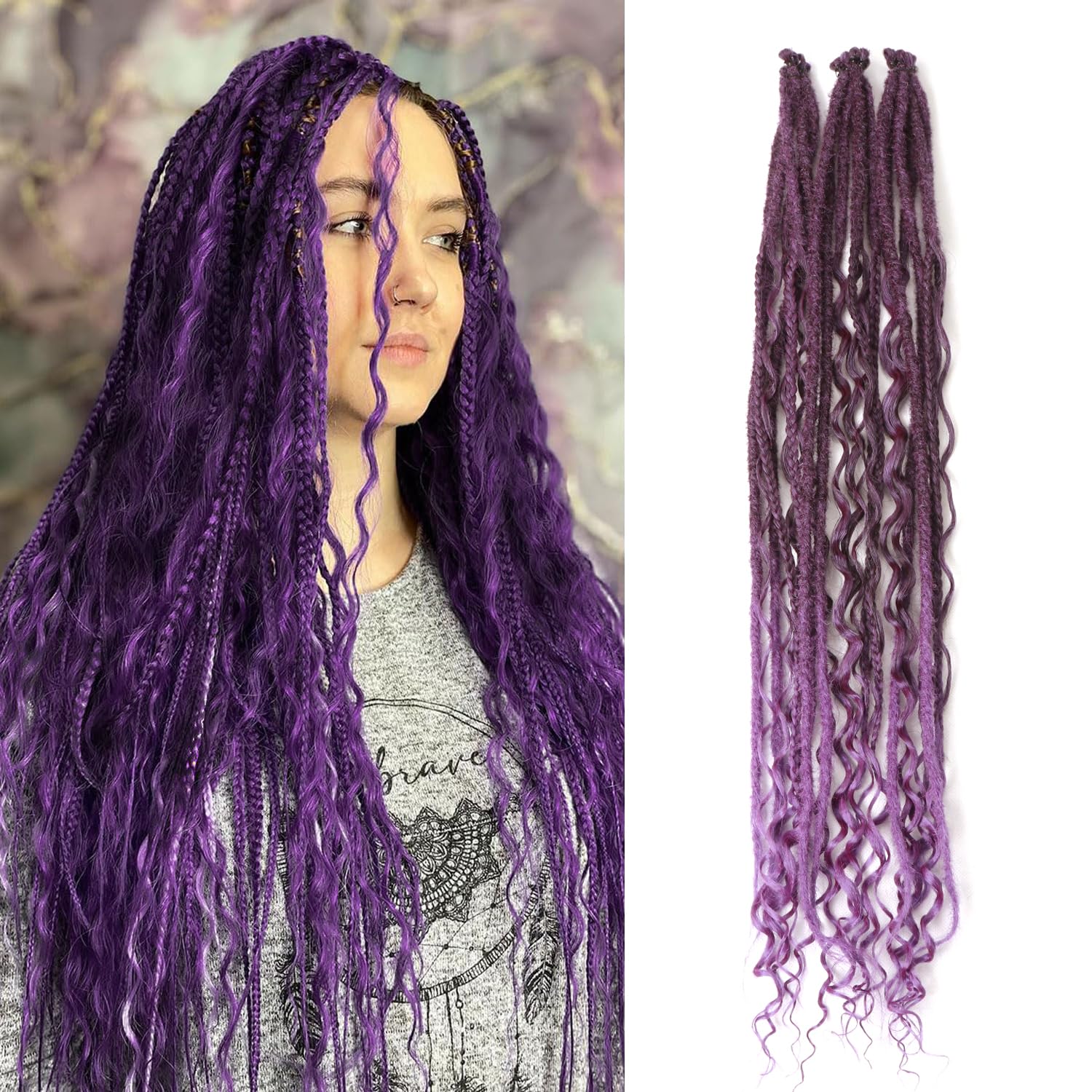 24 Inch Synthetic Dreadlock Extensions Hippie Single Ended Dreads 0.6 cm Width Loc Extensions Reggae Style Crochet Hair for Women (T1B/Purple