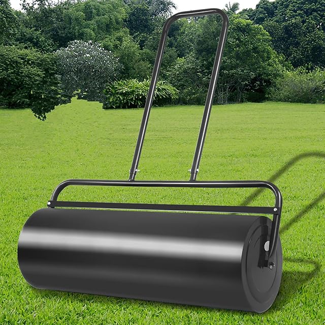 TANGZON 60L/63L Steel Garden Lawn Roller, Water Sand Filled Outdoor Grass Roller with Removable Drain Plug & Scraper Bar, Heavy Duty Metal Lawn Push Rolling Tool (63L, Black)