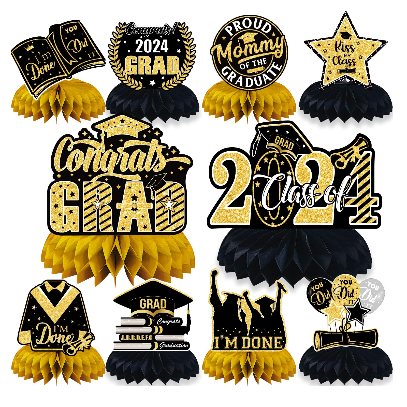 2024 Graduation Table Decorations - 10PCS Graduation Honeycomb Party Decorations - Graduation Table Centerpieces(Black-Gold)
