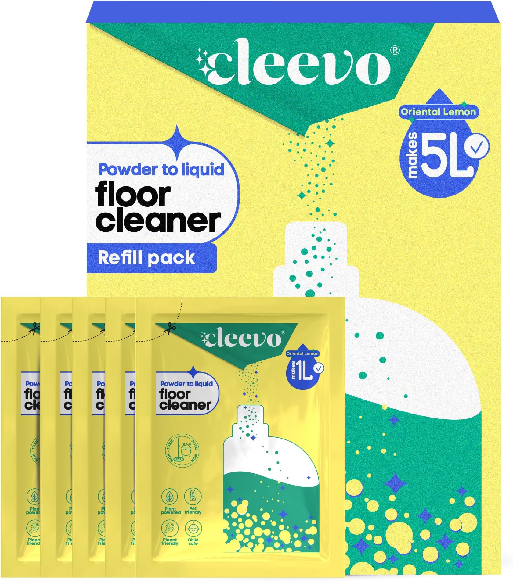Cleevo Floor Cleaner Liquid (5L Refill Pack) | 1 Pouch = 1L Natural Disinfectant Floor Cleaners for Mops | Chlorine-Free Surface Cleaner, Eco-Friendly All-Purpose Floor Cleaning Liquid (Zesty Lemon)