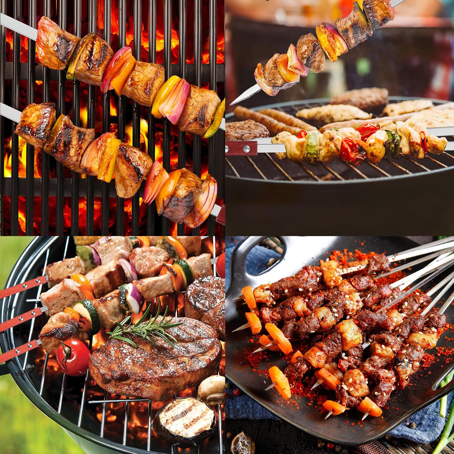 Adana Lot de 8 brochettes réutilisables 40 cm avec manche en bois, brochettes plates en acier inoxydable pour viande et légumes