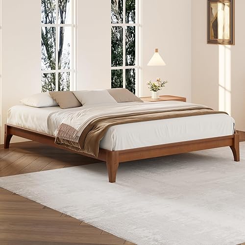 Miniatura 10 de Harper & Bright Designs Marco de cama de plataforma de bambú de tamaño matrimonial, cama de plataforma de madera de bajo perfil con cabecero, sin