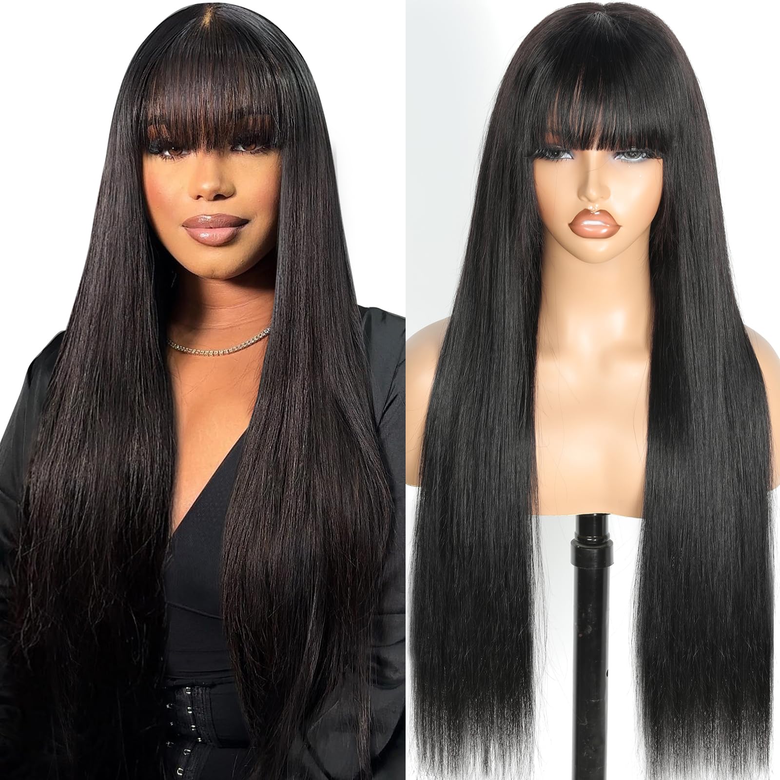 Junemet Straight Human Hair Wig with Bangs Wear and Go Glueless Bone Straight Closure 2X4 Lace Front Brazilian Glueless Black Wig with Fringe Human Hair Wigs 18 Inch