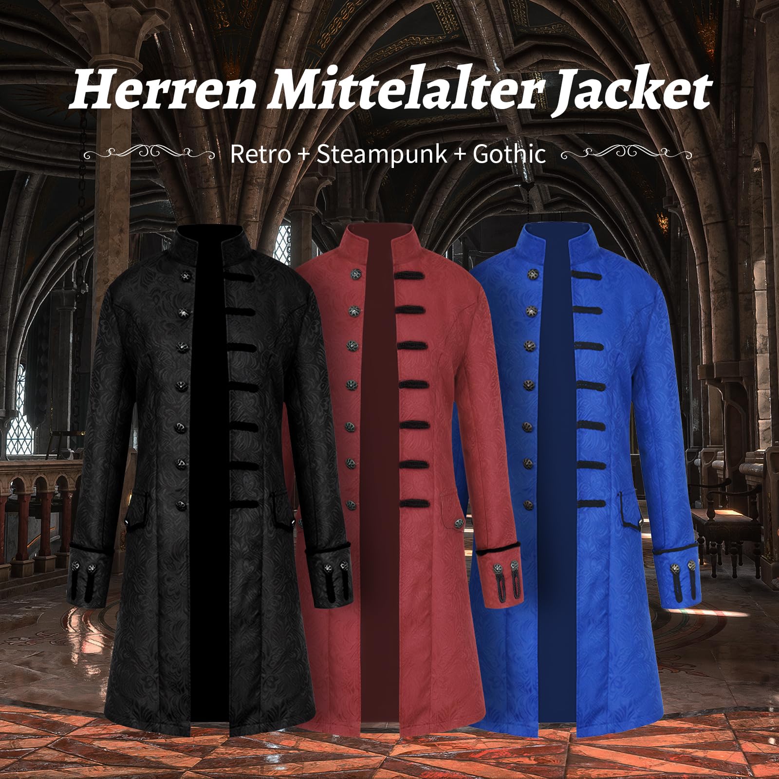 Herren Jacke Frack Mittelalter Gothic Steampunk Gehrock Mantel Halloween Karneval Cosplay Kostüm
