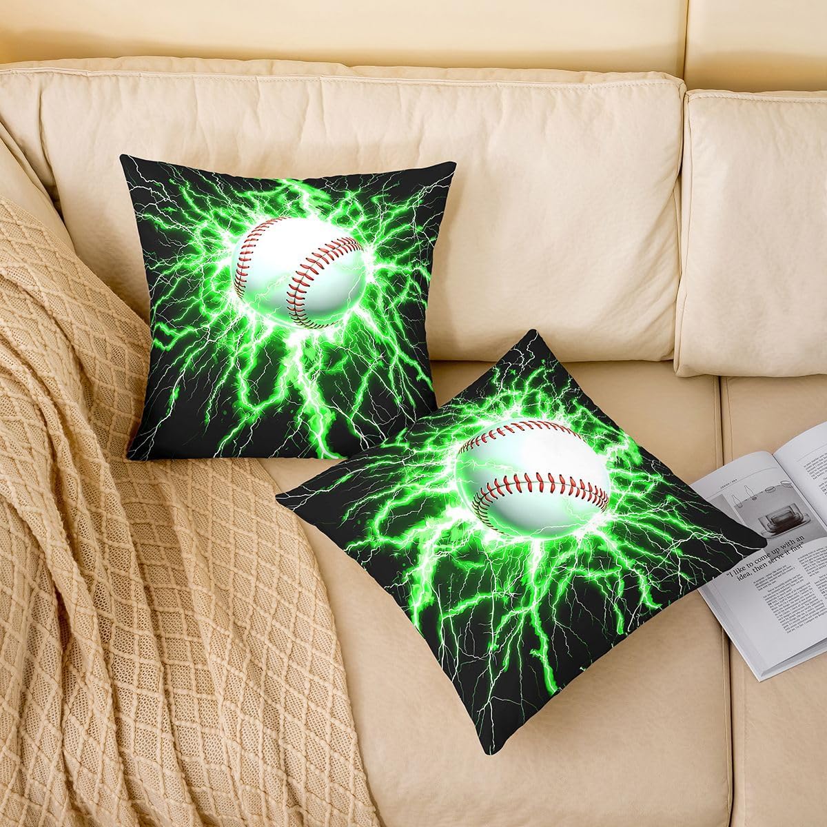 Feelyou Sports Game Throw Pillow Covers Set of 2 Baseball Gaming Cushion Covers Softball Pillow Case for Couch Sofa Lightning Cushion Case Kids Boys Girls Bedroom Decor 16 x 16-Inch image 2