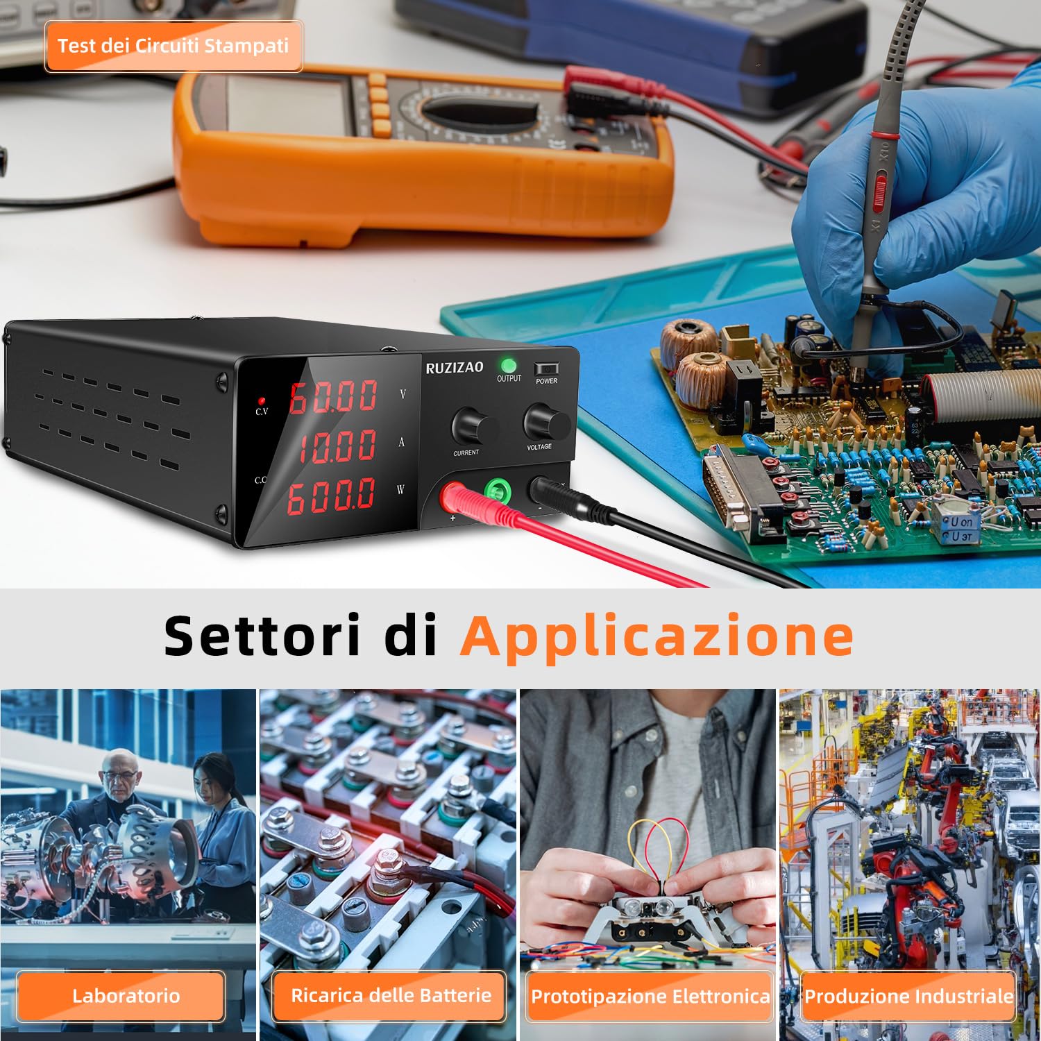 Alimentatore da Banco 60V 10A 600W Alta Potenza Alimentatore da Laboratorio Regolabile con OUTPUT/Encoder, Alimentatore Stabilizzato con Display LED a 4 Cifre e Uscita Stabile per Elettronica