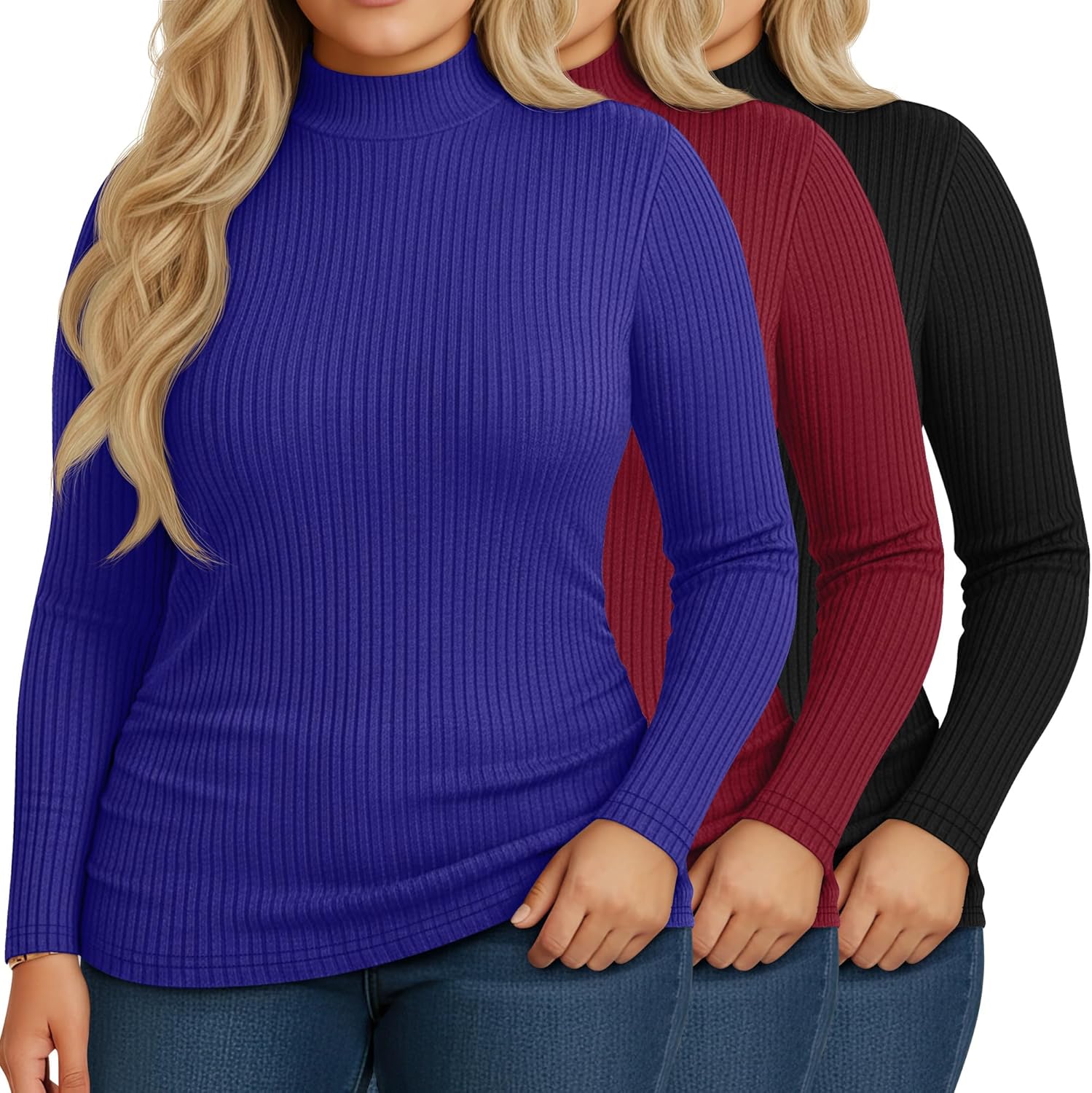 Riyiper 3 Pack Women's Ribbed Plus Size Mock Turtleneck Tops, Long Sleeve Slim Fit T-Shirts Pullover Sweater Basic Layer Top
