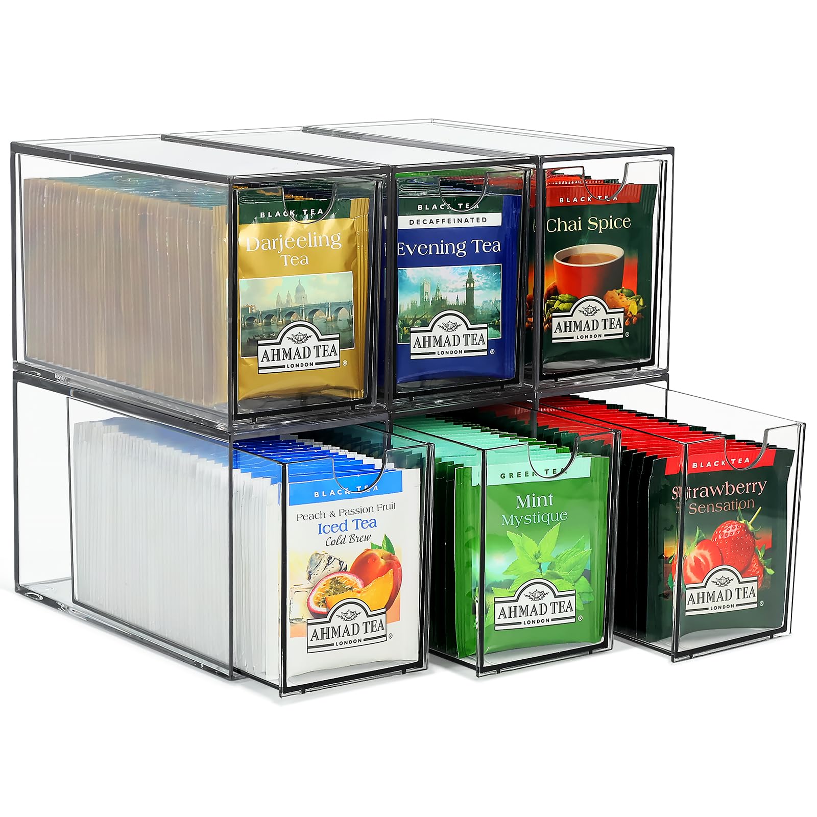 6 Tea Bag Organizer and Storage, Acrylic Tea Bag Holder Organizer, Plastic Tea Drawer Container for Cabinet