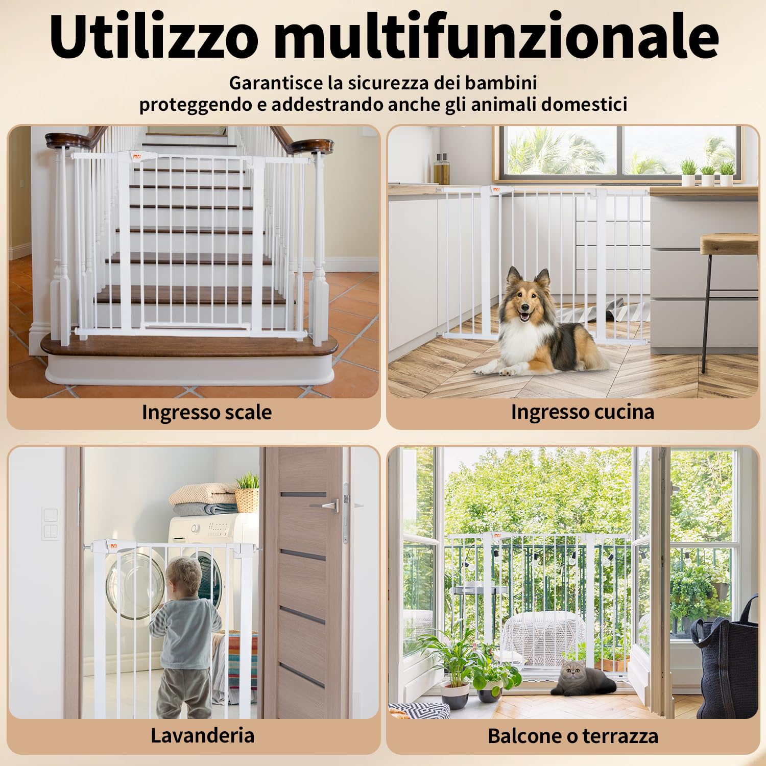 LAOYE cancelletto per bambini, Cancelletto per scale senza trapano, altezza extra alta 92 cm, larghezza 75-124 cm con 3 estensioni, per bambini, cani gatti, chiusura automatica arresto a 90°-Bianco