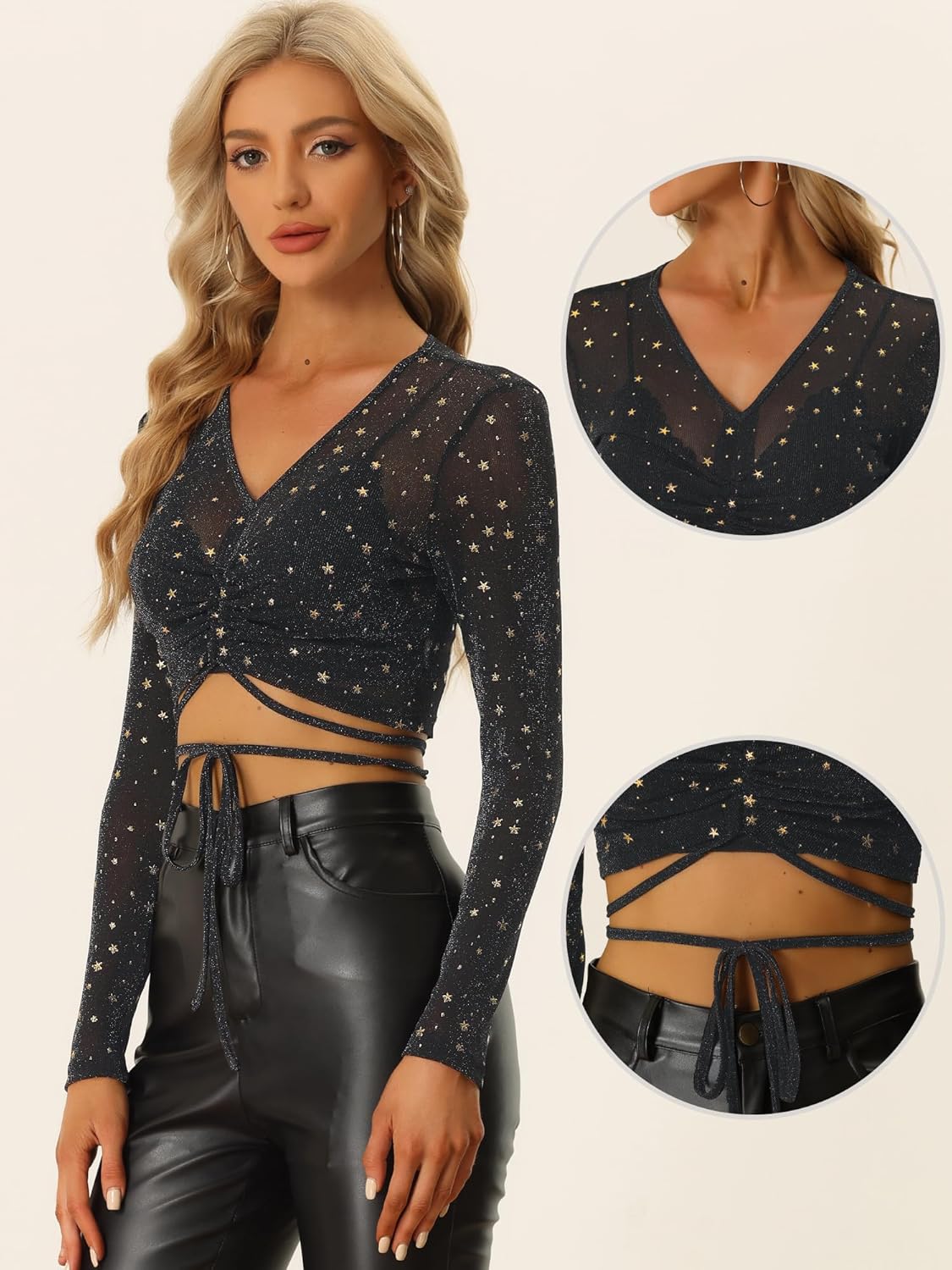 Allegra K Party Crop Top for Women's Long Sleeve Metallic Shimmer Mesh Sheer Tops - Image 2