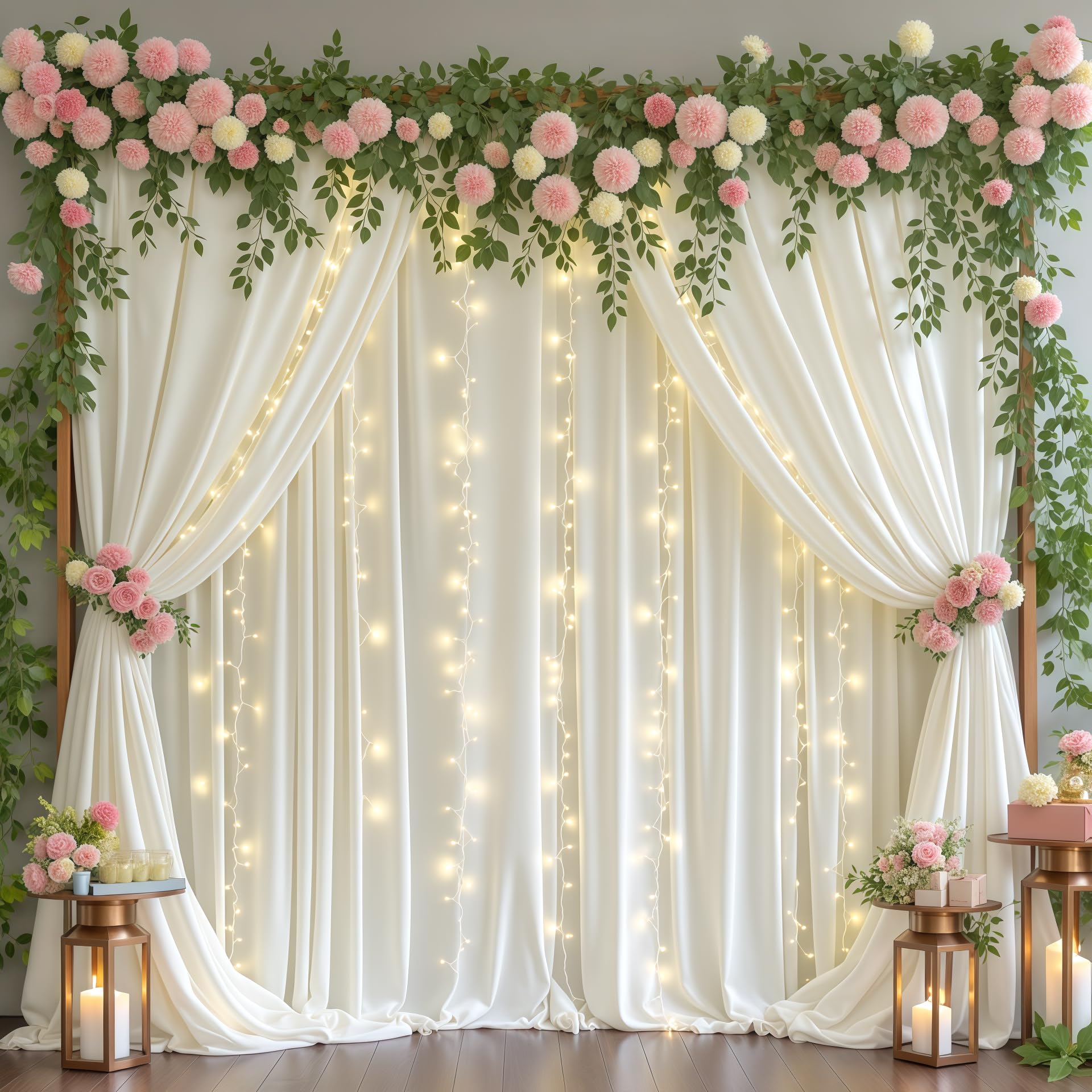 Cream White Backdrop Curtains with Lights for Wedding Parties,10x10FT Wrinkle Free Photo Backdrop Curtains Fabric Drapes for Baby Shower Ceremony