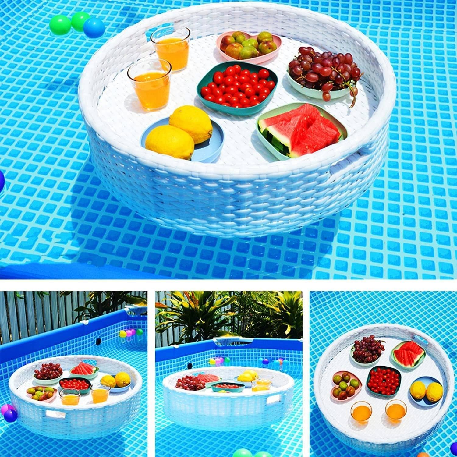 Vassoio da Portata Rotondo in Rattan Intrecciato - 60/80 Cm Vassoio Galleggiante per Piscina - Tavolo da Portata per Vassoio da Colazione 80cm