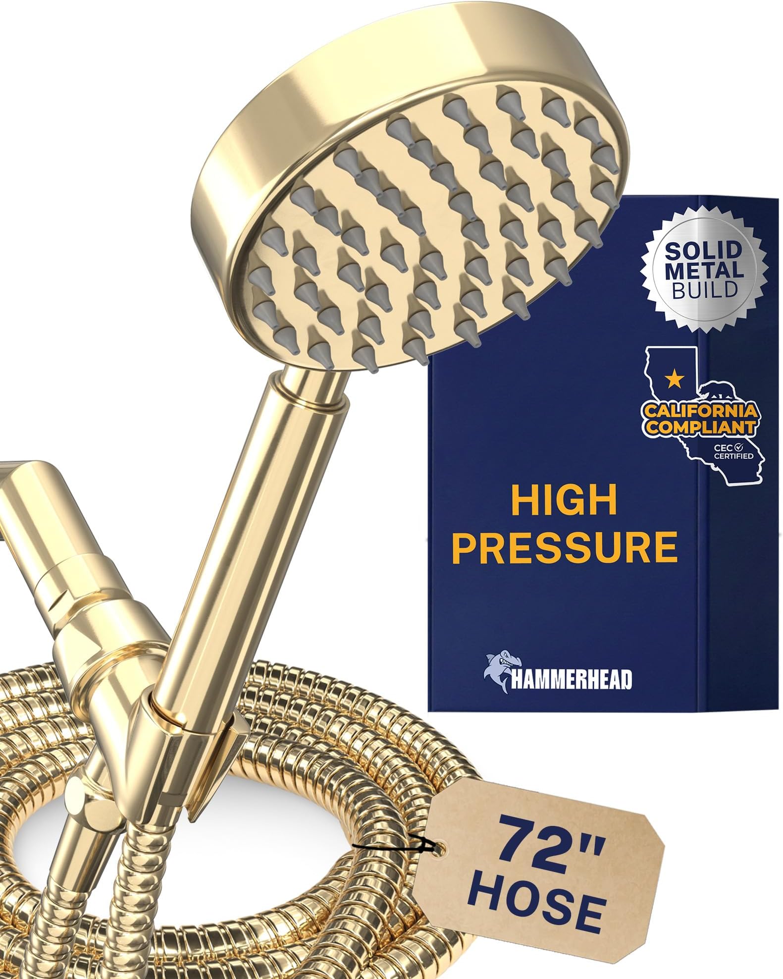 HammerHead Showers ® ALL METAL LOW FLOW Handheld Head with Hose and Brass Holder - POLISHED BRASS – Water Saving 1.75 GPM Detachable Head - Adjustable Wand Bracket & 6ft Hose