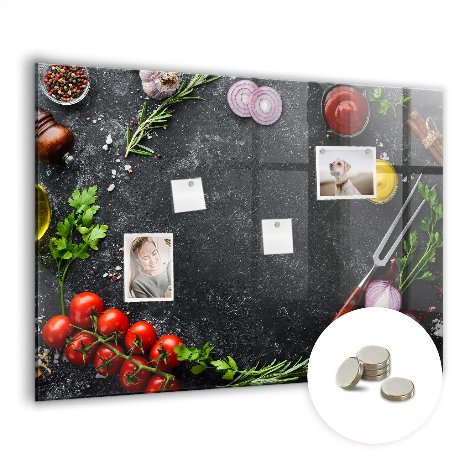 Glastafel magnetisch mit starken Magneten | Schreibtafel abwischbar | Wandtafel für Küche, Büro, Schule | Glänzende Glasoberfläche, modernes Design - 100x70cm Gemüse auf dem Tisch
