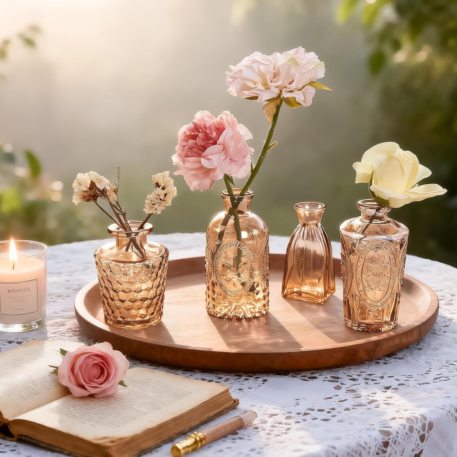 Bud Vases in Bulk 24, Amber Mini Glass Vases for Centerpieces, Vintage Embossed Small Vase for Flowers, Decorative Cute Vase for Wedding Table Decoration, Birthday Party, Baby Shower, Home