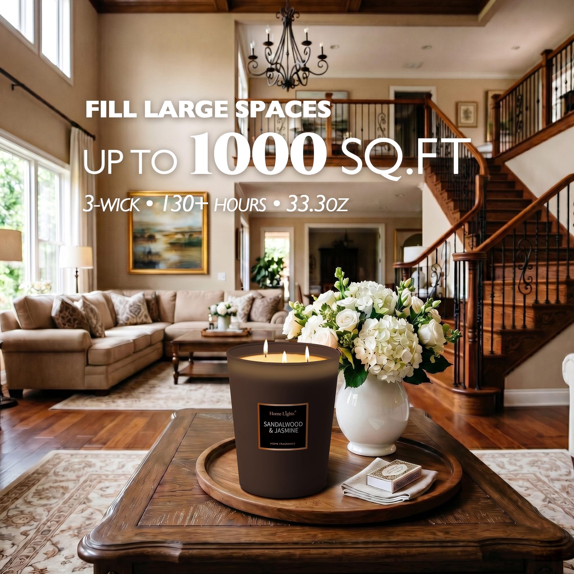 HomeLights - Candele profumate | Candela in barattolo grande, 944 g, candele naturali per aromaterapia di soia | Fino a 130 ore di combustione con 3 stoppini di cotone, candele profumate decorative