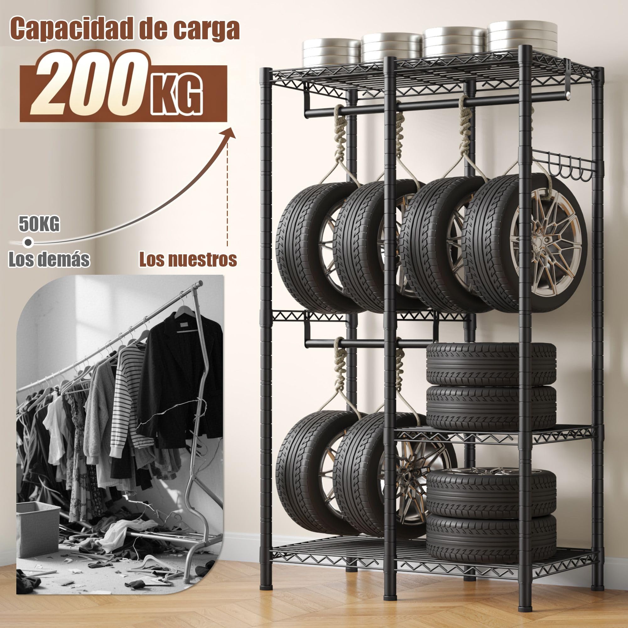 Burro ropa resistente, Armarios dormitorio metálico con 3 estantes regulables en altura, 2 barras para ropa y 4 ganchos, 200 KG de carga, 80x40x194,5 cm, Perchero burro ropa, Negro