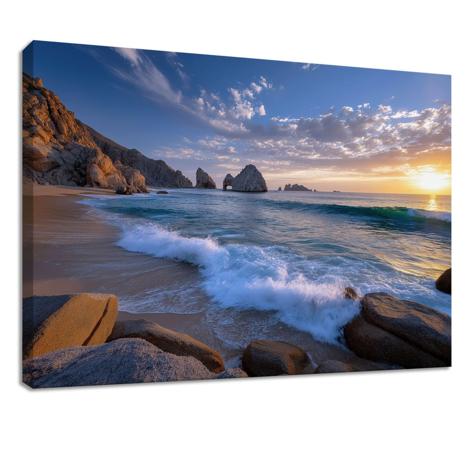 Obraz ścienny natura krajobraz obraz obraz na płótnie - 90 x 60 cm, wydruk na płótnie z wybrzeżem, oceanem, zachód słońca, oprawiona sztuka ścienna do salonu i sypialni, dekoracja ścienna, niebieski