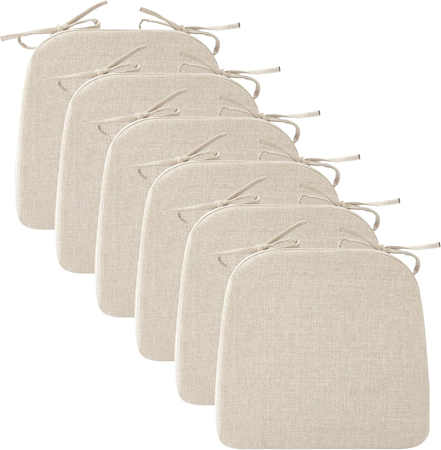 Chair Cushions for Dining Chairs, 2" Thick Seat Cushions for Kitchen Chairs, D-Shaped Chair Pads with Washable Cover, Ties and Non Slip Backing, 17'' x 16'', Set of 6, Beige 6 Count(Pack of 1) Beige