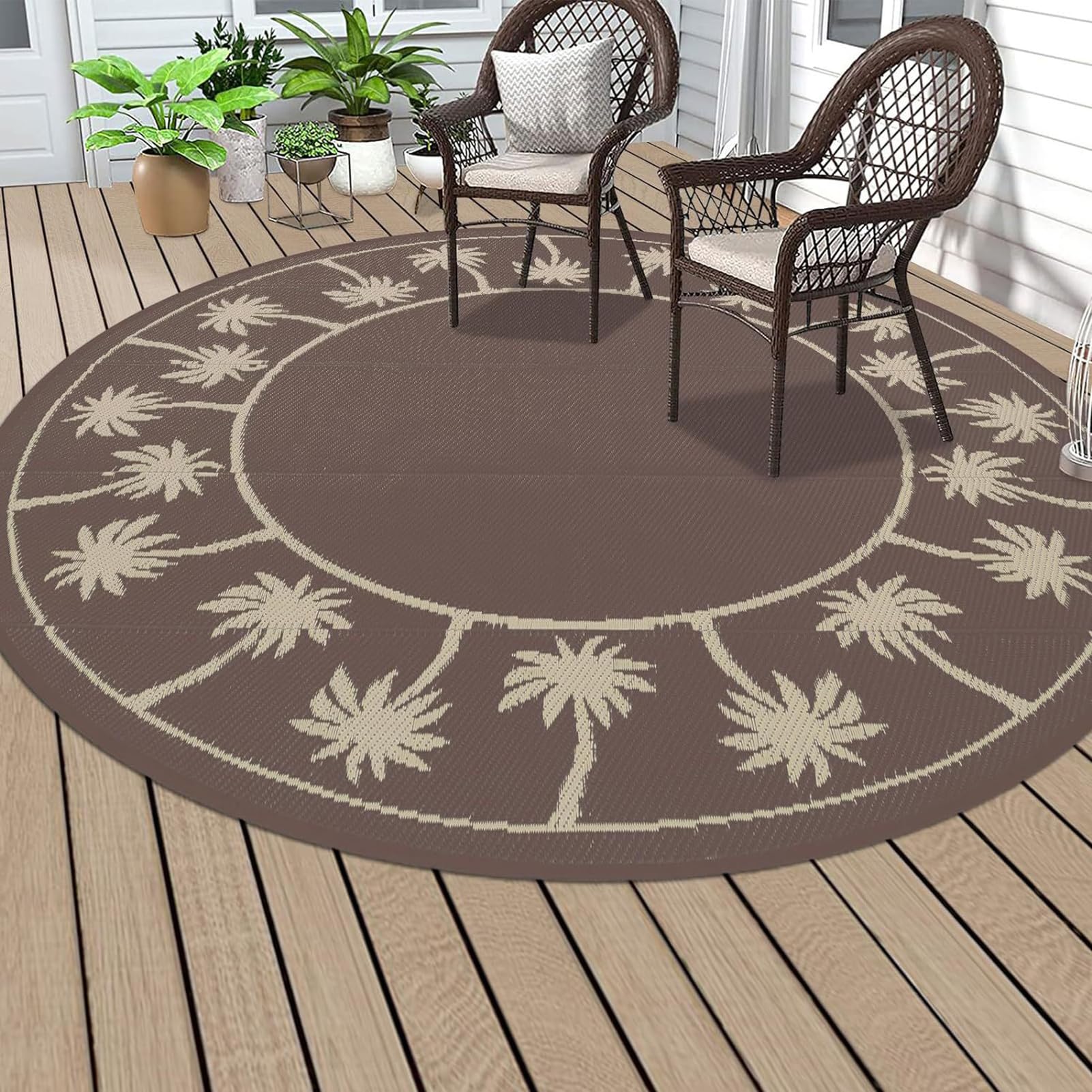 HGTRH Round Outdoor Rug 200cm, Round Garden Rug Large, Washable Foldable Crystal Velvet Outdoor Patio Rugs Weatherproof, Non Skid Outside Carpet for Backyard, Porch, Balcony, Deck
