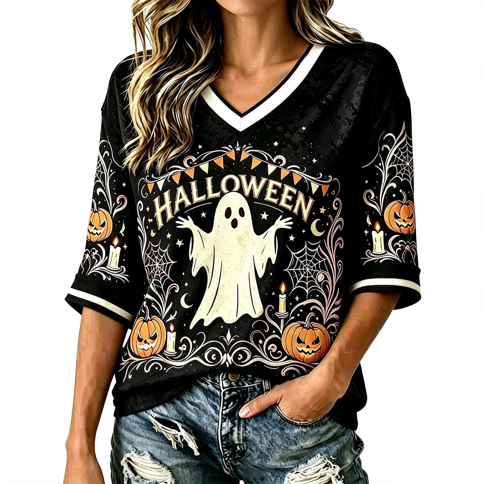 Salem Broom Co Halloween Shirts Women 3/4 Sleeve Vintage Witch Tops Funny Halloween Costumes Casual V Neck Witch Tee Shirts Novelty Fashion Festival Party Clothes (Z01-Black, XXXL) — image 1