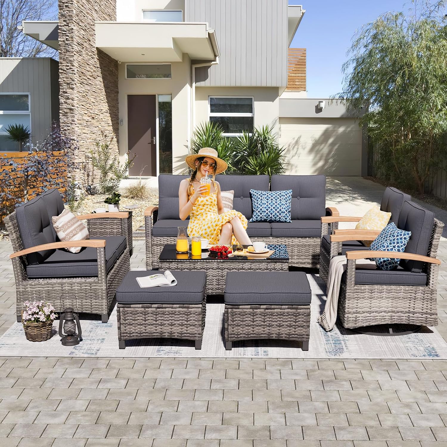 MEISSALIVVE 8 Pieces Patio Furniture Sets, PE Wicker Outdoor Conversation Sets with 2 Wood Armrests Swivel Rocker Chairs, 2 Ottomans, 2 Sofas and Coffee Table(Grey)
