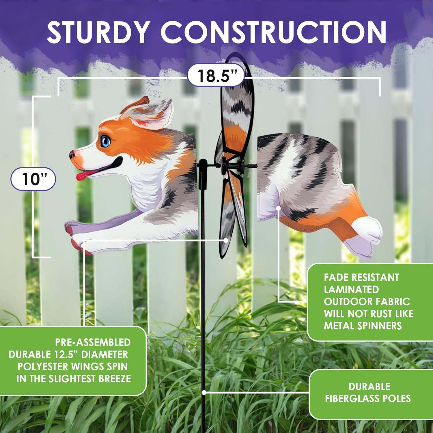 Premier Kites Petite Spinner Australian Shepherd – Whimsical Wind Spinner for Yard & Garden, Durable Weather-Resistant Fabric, Easy to Assemble, Outdoor Decor for Patios, Lawns, & Fairy Lovers