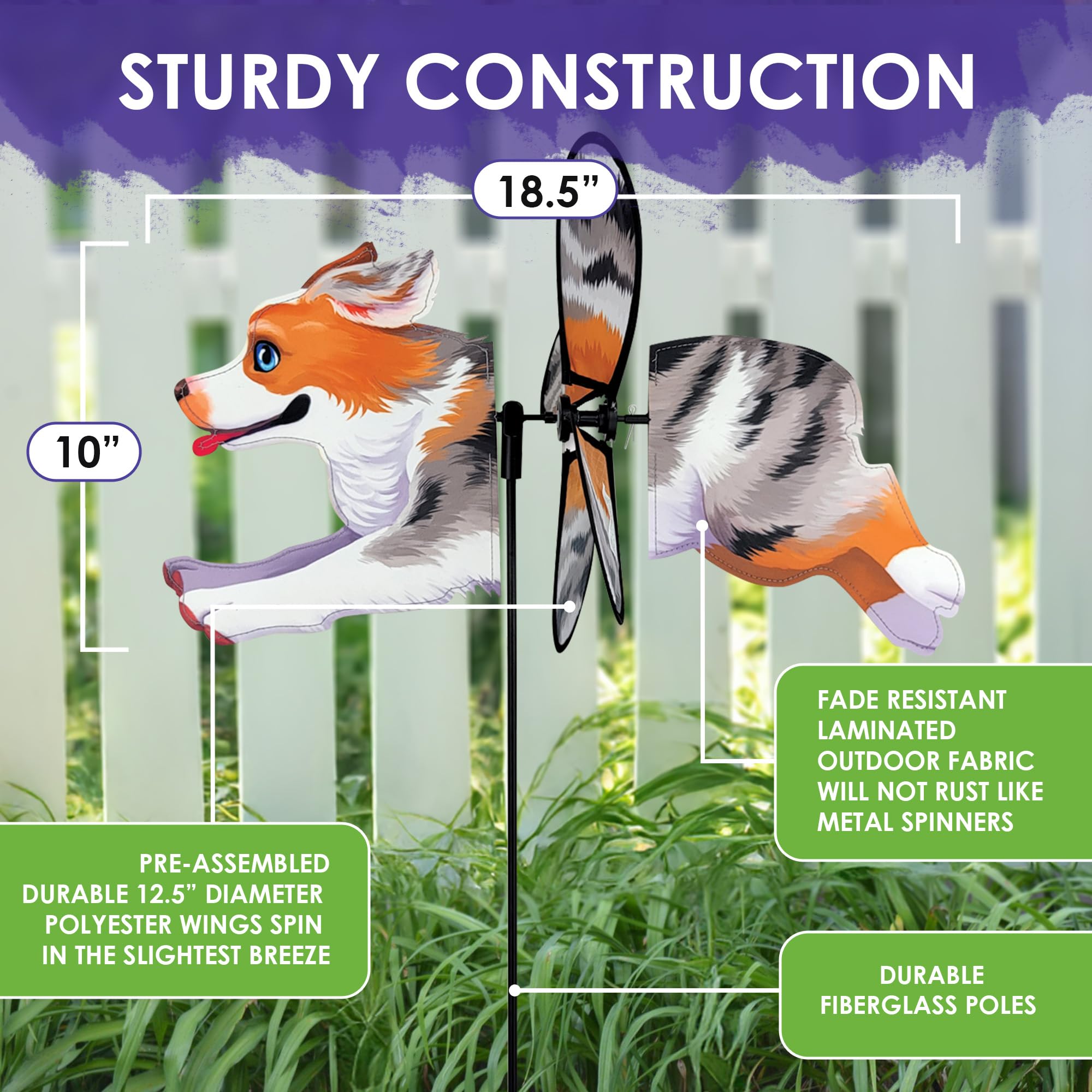 Premier Kites Petite Spinner Australian Shepherd - Skurriles Windspiel für Hof & Garten, strapazierfähiges, wetterbeständiges Gewebe, einfach zu montieren, Outdoor-Dekor für Terrassen, Rasenflächen