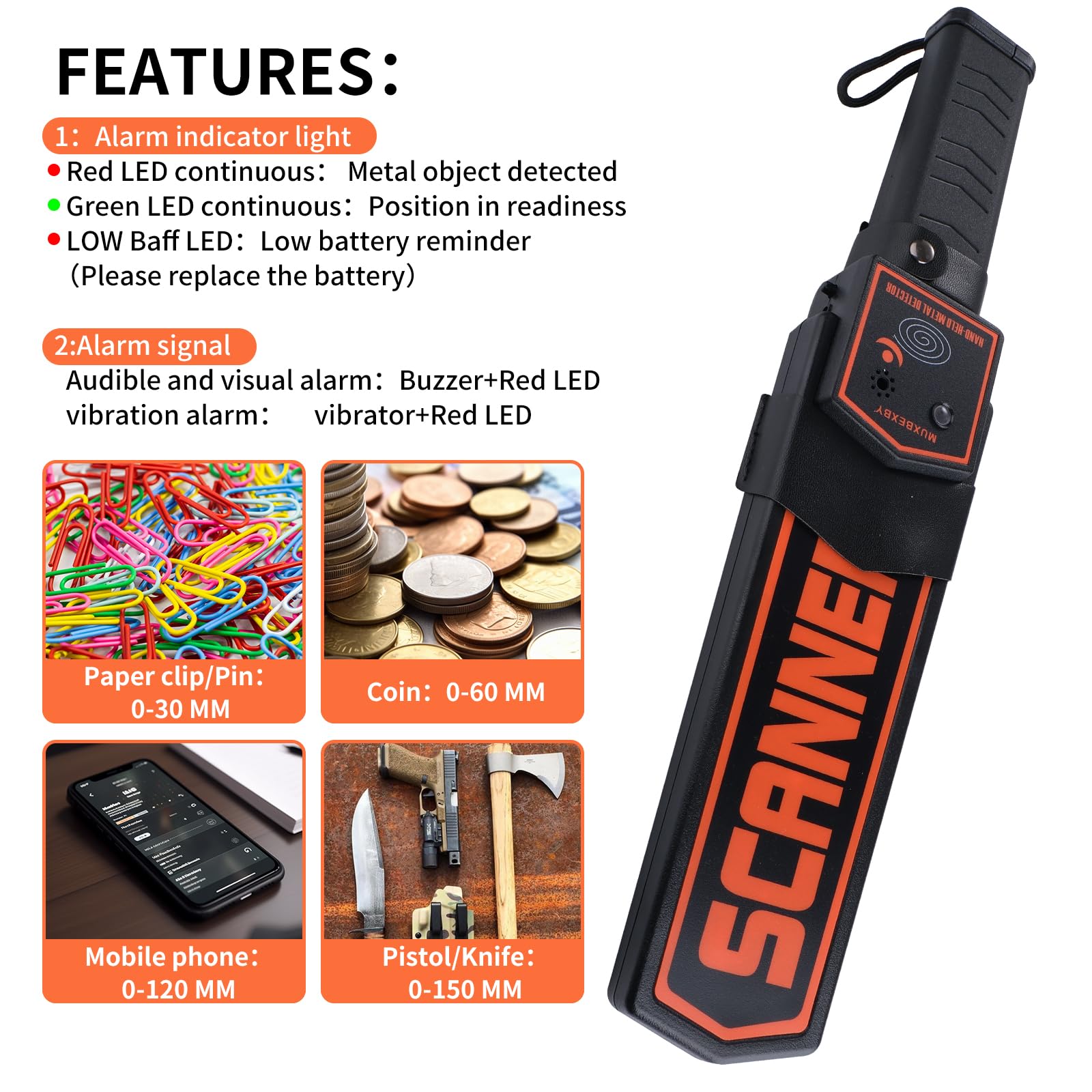 Escáner de metales de seguridad profesional, varita detector de metales de mano para adultos, escaneo de sensibilidad ajustable, con batería de 9 V, comprobación de metales portátil de alta seguridad