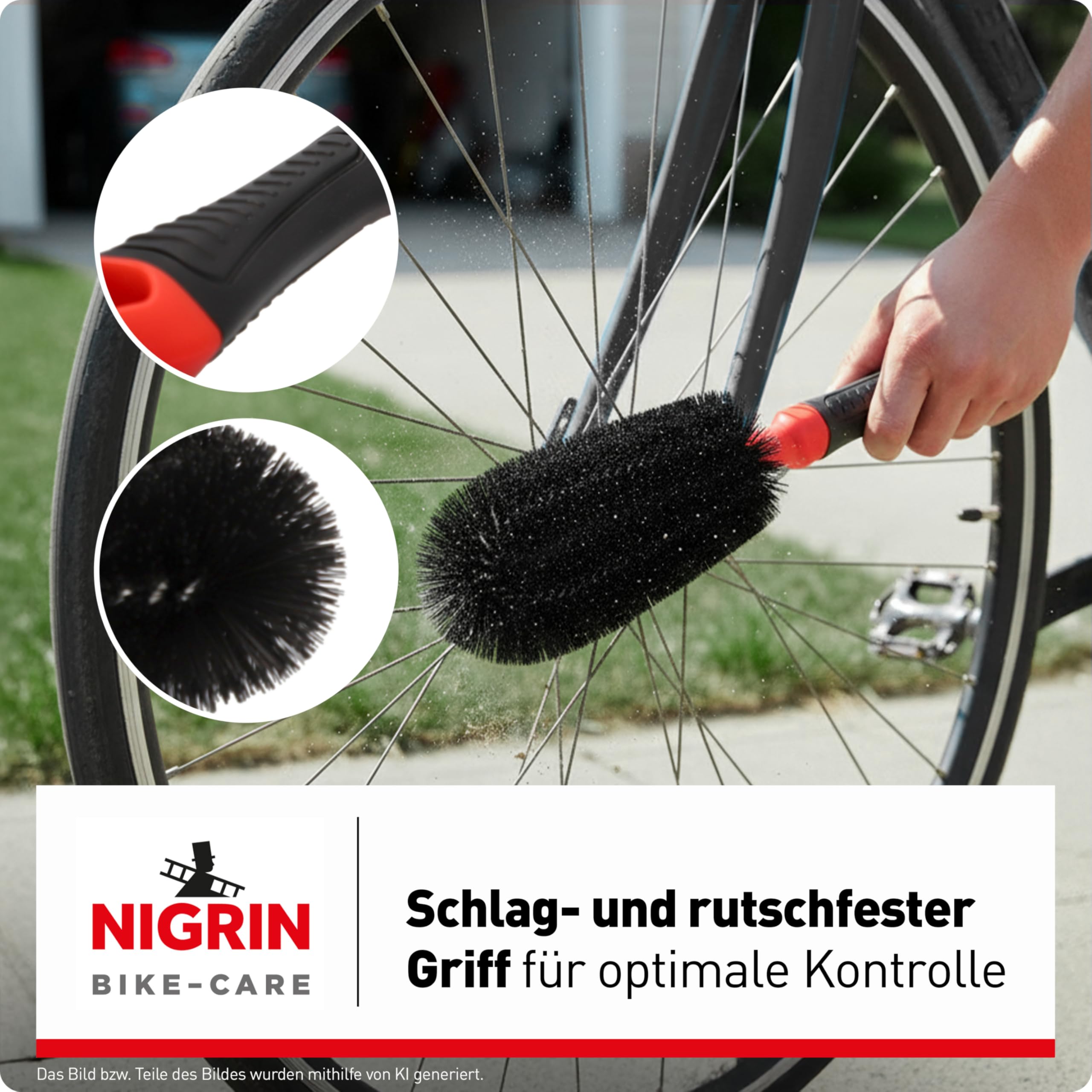 NIGRIN Bike Care szczotka do czyszczenia felg, wysokiej jakości szczotka uniwersalna, idealna do felg, szprych, kół jezdnych i piast, odporny na uderzenia i antypoślizgowy uchwyt, czarny, czerwony, 1