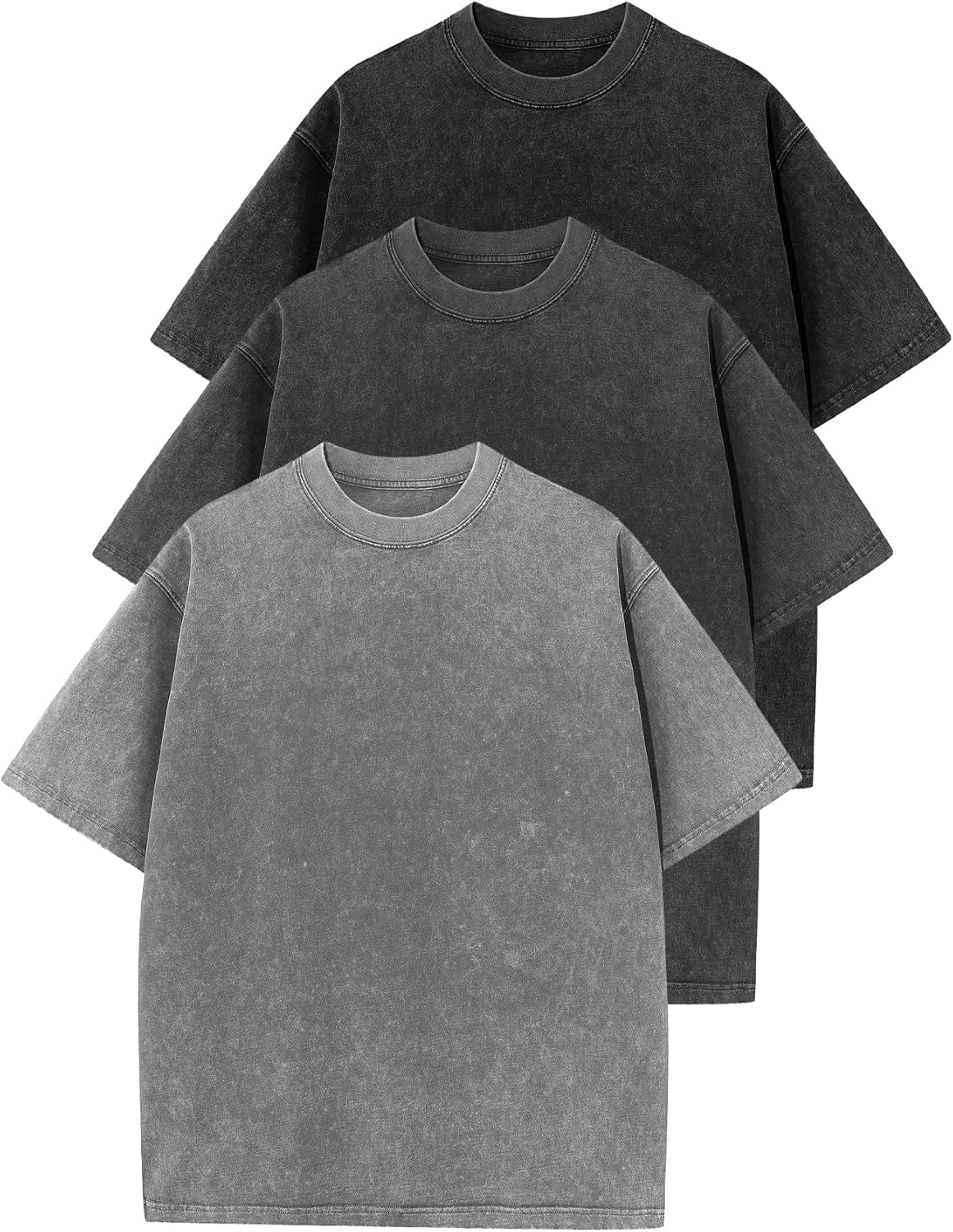 Flygo 3 Pack Men Oversized T Shirts Acid Washed Unisex Tee Loose Fit Short Sleeve Casual Streetwear Baggy Basic Tops