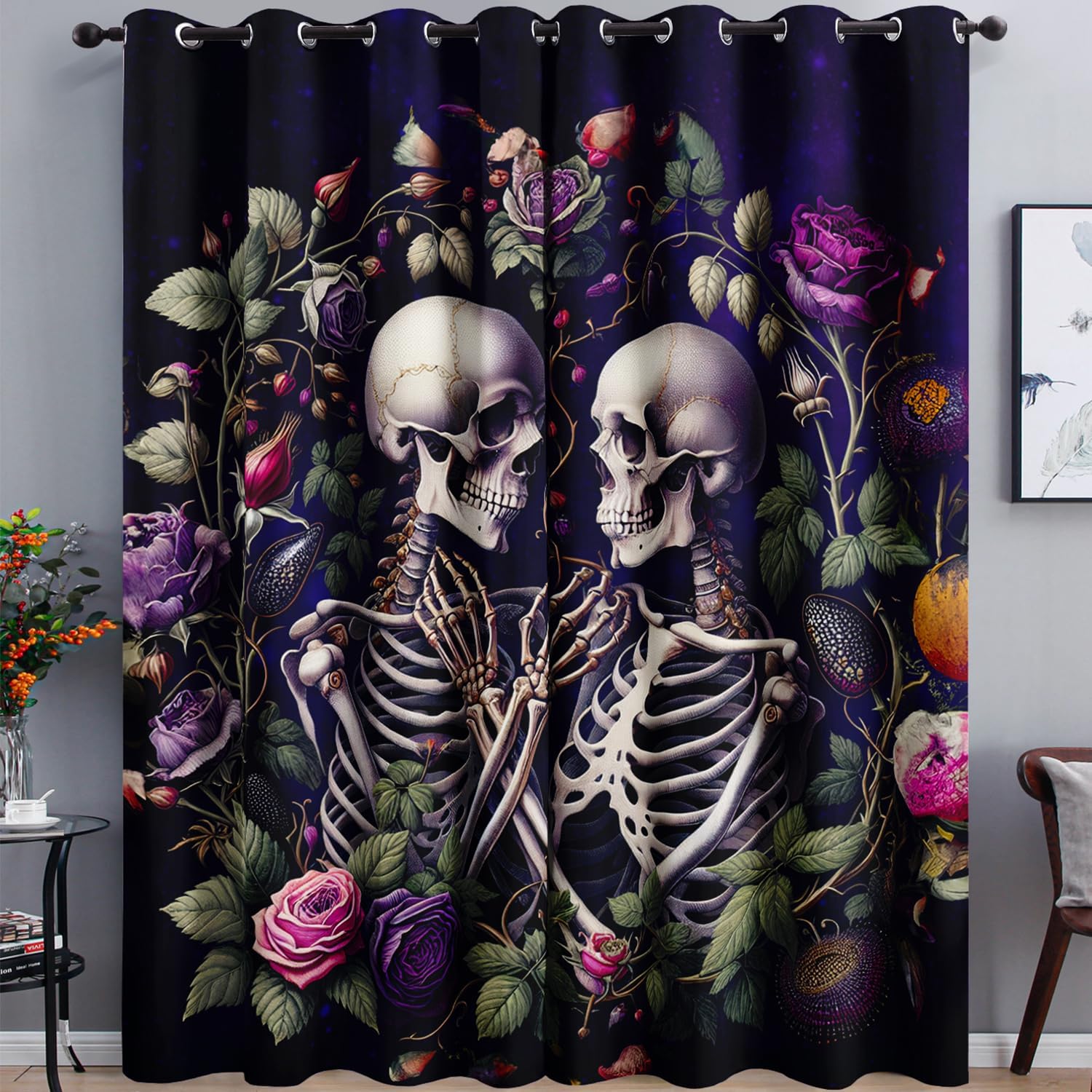 AILONEN Gothic Sugar Skull Window Curtain,Gothic Skeleton Bones Curtain Tiers for Kids,Boys,Teen Bedroom Decor,Purple Rose Window Treatments Drapes, 52" W x 63" H 2 Panels