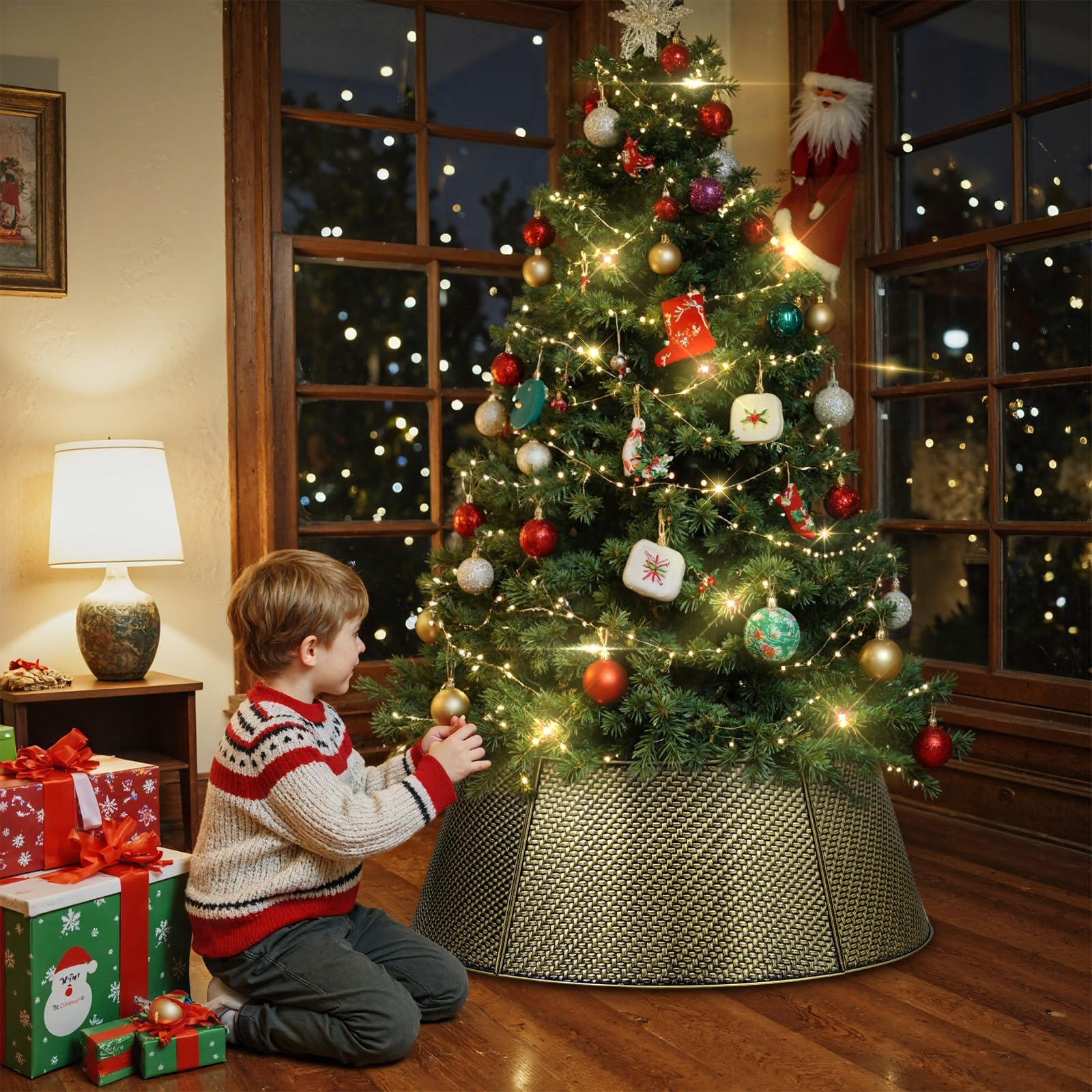 Lanpn Metall Weihnachtsbaum Kragen 70cm, Weihnachtsbaum Halsband Christmas Tree Collar Für Mittelgröße M Wetterfest Für Kunstbäume Innen Außen - Weihnachtsdekoration (Gold, Köperbindung)