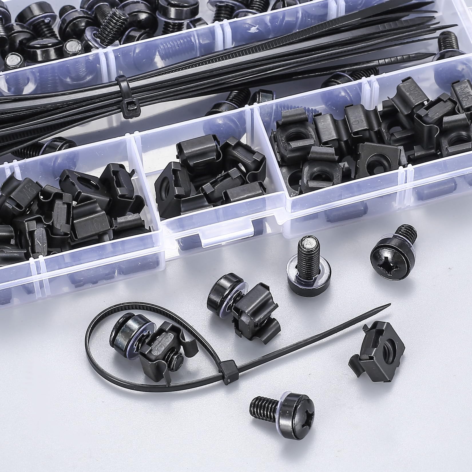 Set di 110 dadi a gabbia M6, dadi e viti per armadi di rete, server, con 22 fascette (nero)