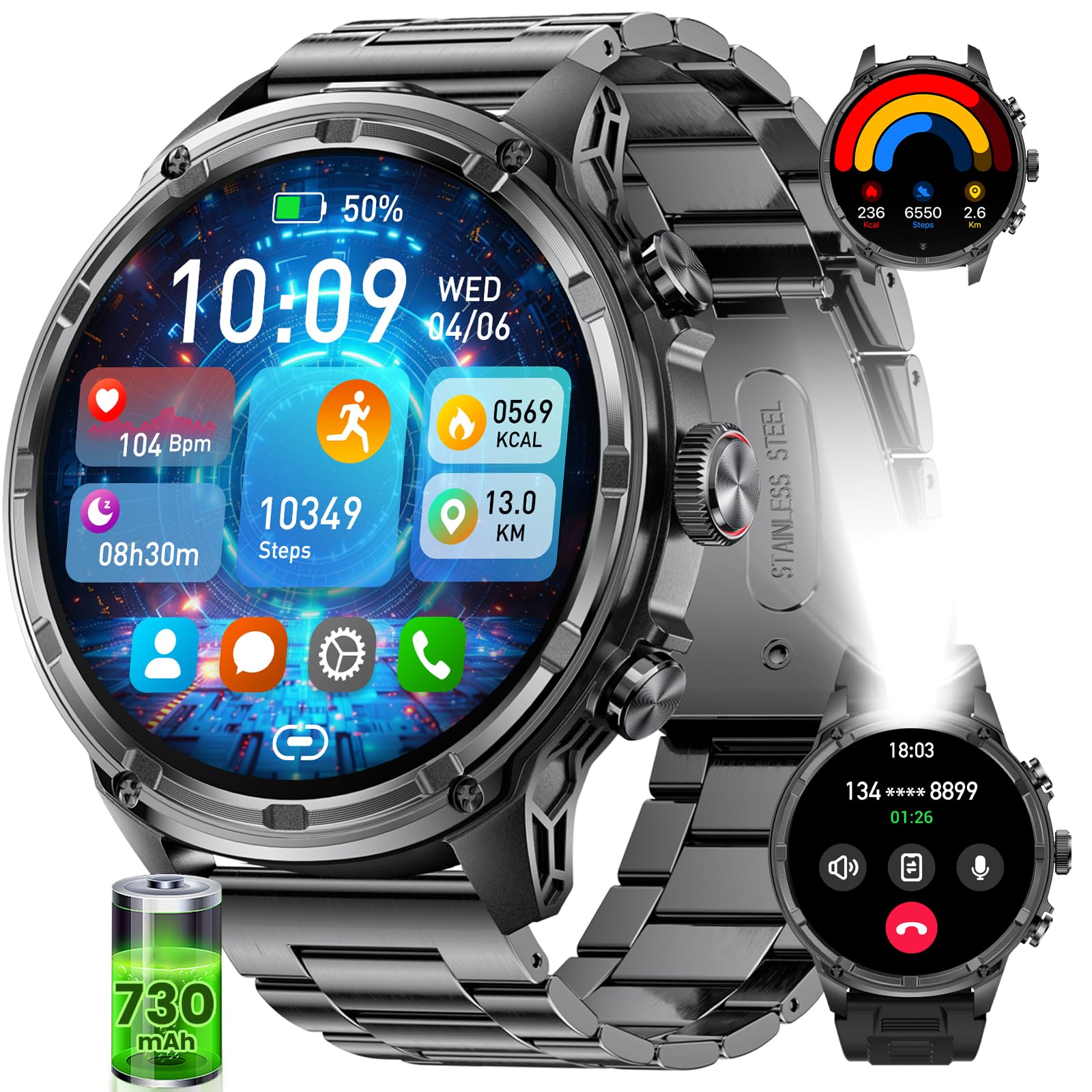 Smartwatch Herren,1.85‘’ HD Großes Display/710 mAh Akku Sportuhr Herren mit Taschenlampe/120+ Sportmodi,5ATM Wasserdicht Fitnessuhr mit Herzfrequenz,Schlafmonitor für Android iOS Metallarmband