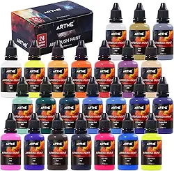 ARTME Tinta para aerógrafo, conjunto de tinta para aerógrafo de 24 cores inclui cores metálicas e neon, tinta acrílica opaca e à base de água, kit de tinta aerógrafo de couro e sapatos para artistas, iniciantes e estudantes