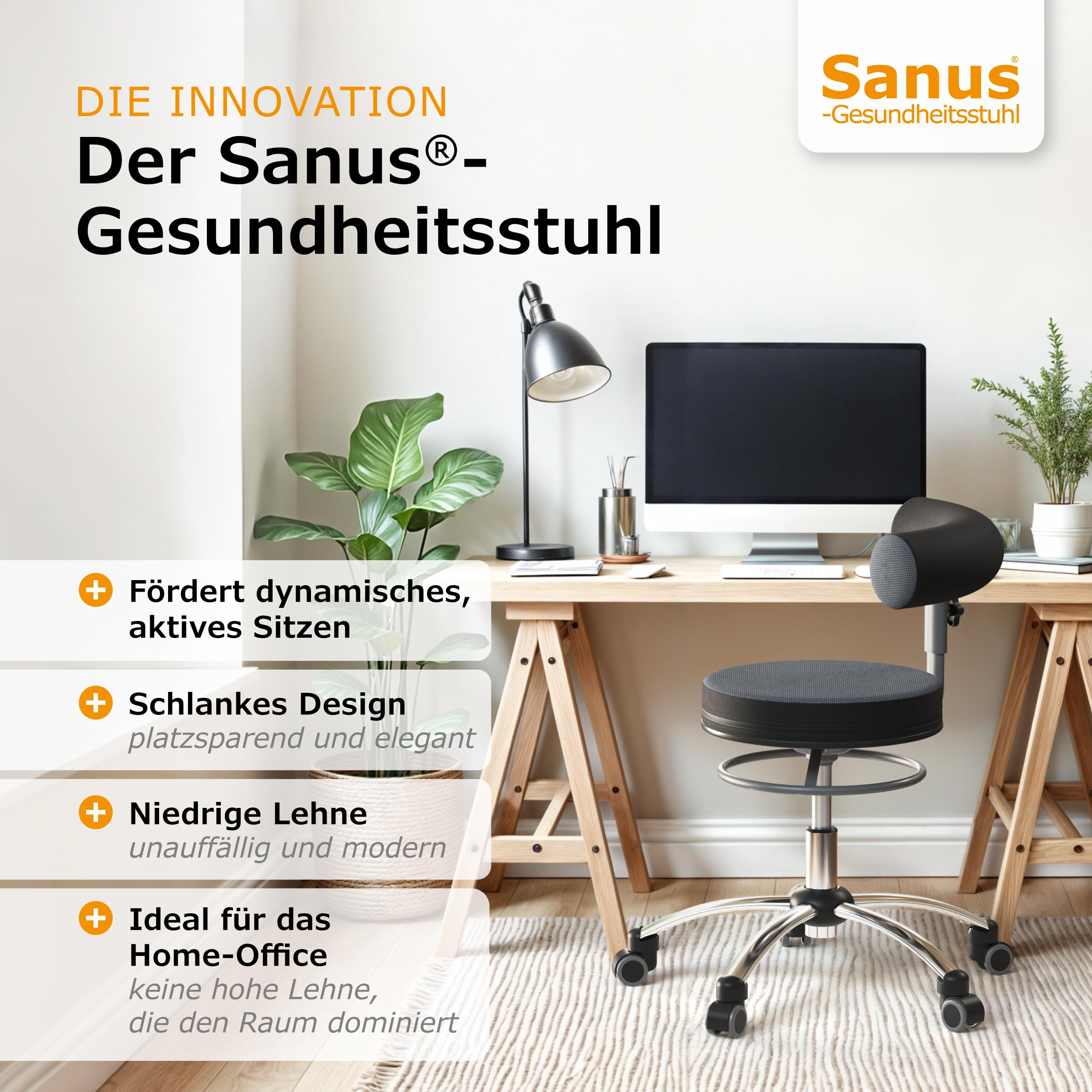 Sanus®-Gesundheitsstuhl | Rollhocker mit 360° Lehne, höhenverstellbarer Lehne, Sitzhöhe (42-51 cm), Stoffbezug grau/schwarz, Rollstopp-Rollen. Ergonomischer Bürostuhl, Erzieherstuhl
