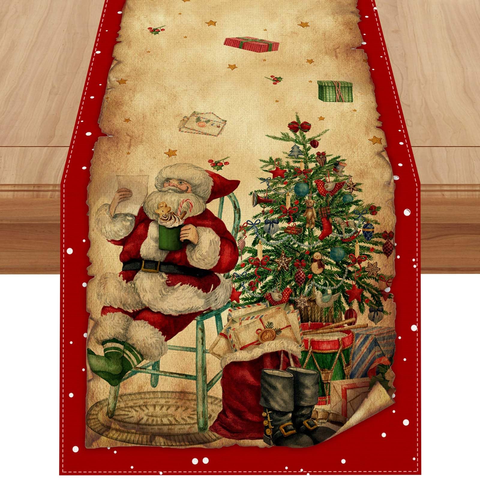 Linen Vintage Red Christmas Table Runner 72 Inches Long Retro Christmas Xmas Winter Holiday Home Kitchen Dining Room Table Decorations