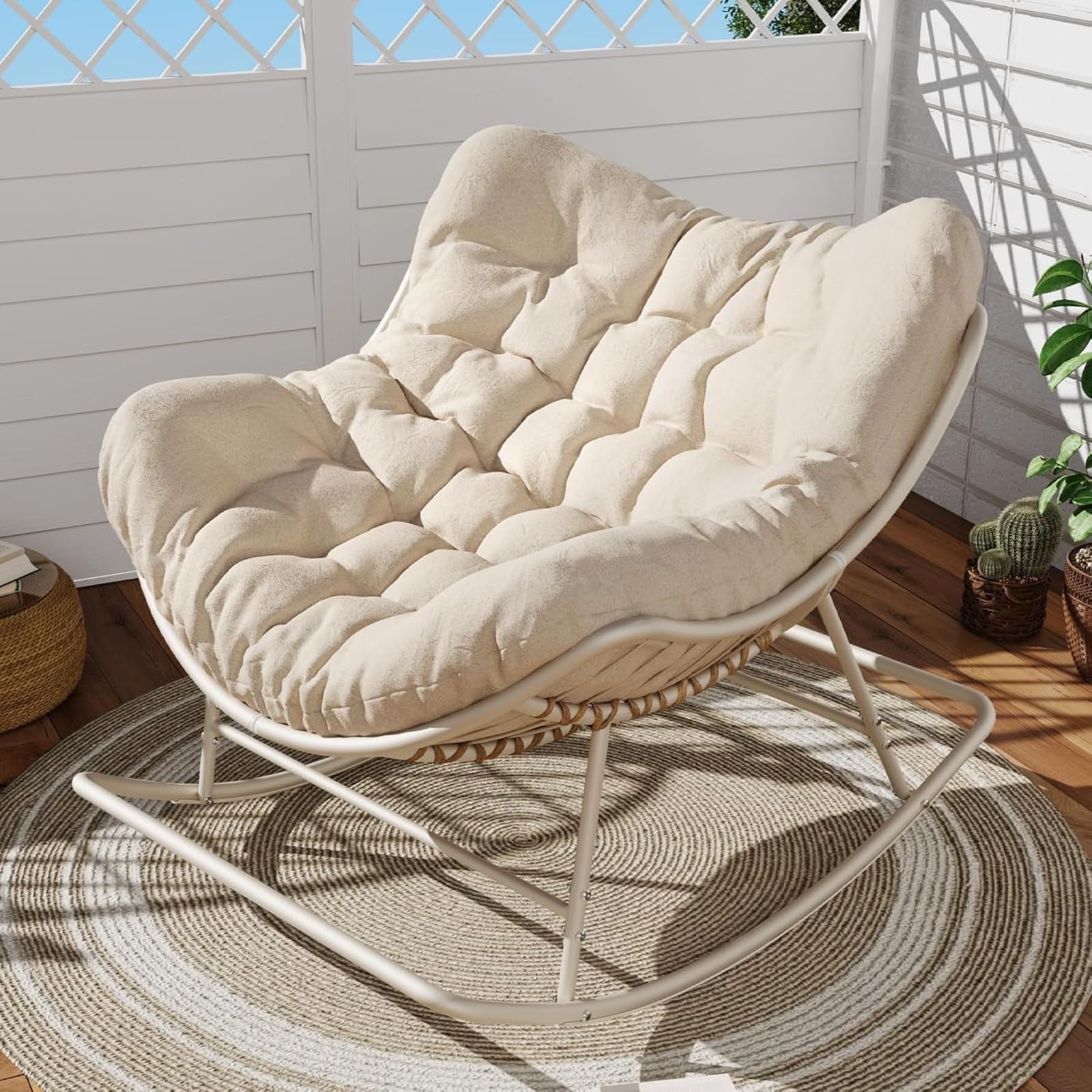 Chaise à bascule surdimensionnée en rotin tissé en forme d'œuf avec coussin, capacité de charge de 204 kg, utilisation en intérieur et en extérieur, pour balcon, salon, terrasse – Rotin polyéthylène