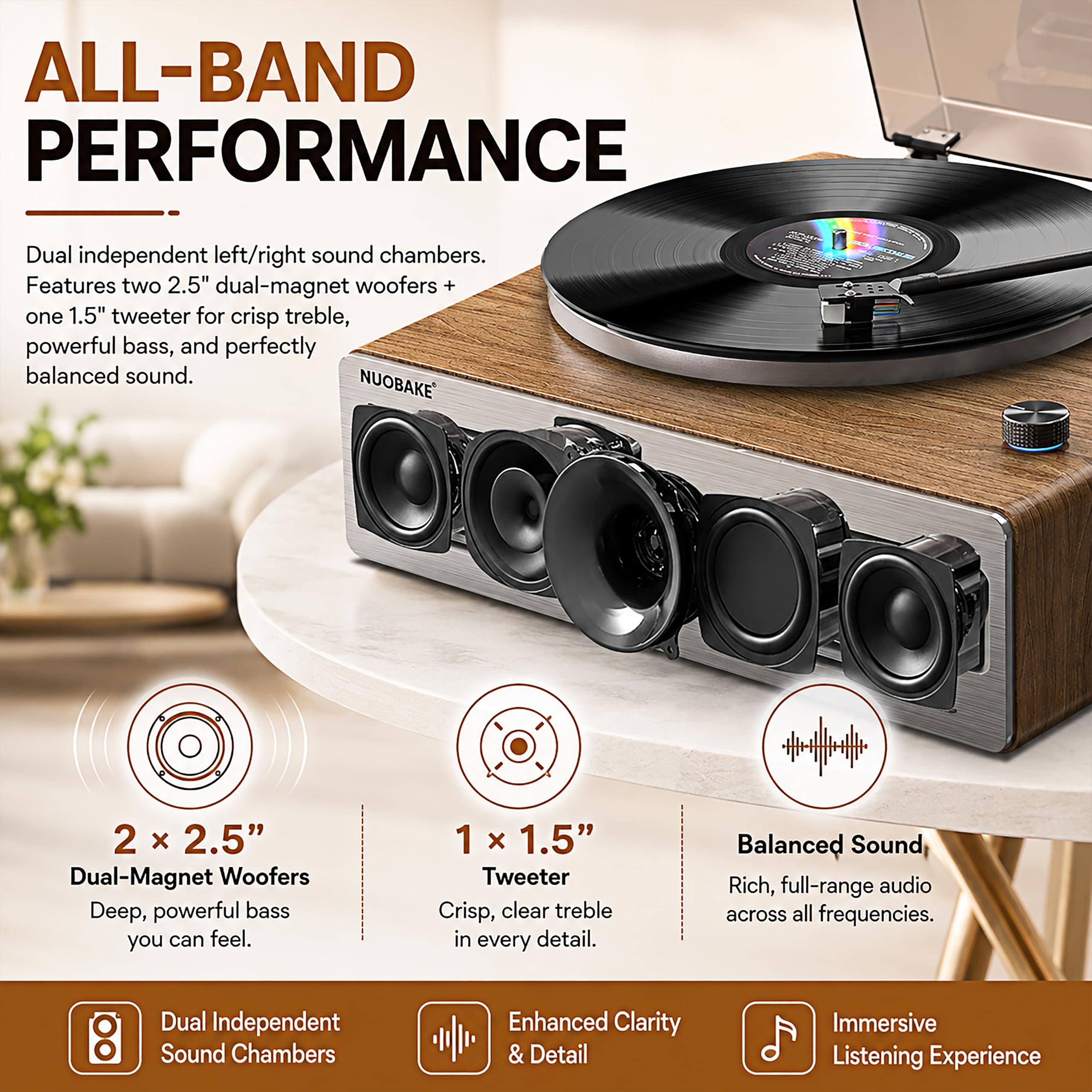 Bluetooth Plattenspieler mit Lautsprechern, Vintage Holz Plattenspieler für Schallplatten mit AT-3600L Kartusche, 33/45 RPM Vinyl Player mit eingebautem Vorverstärker, kabelloser