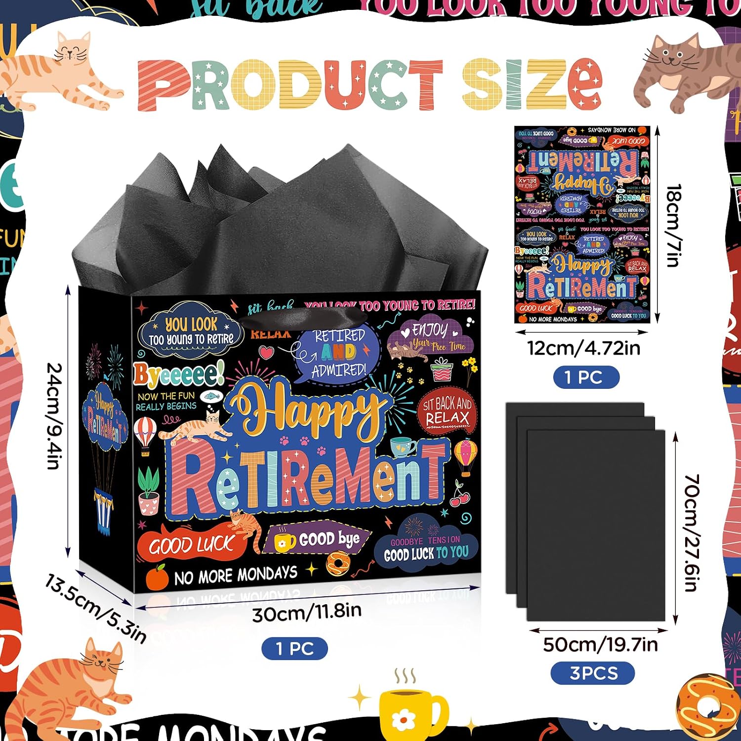 Funny Retirement Gift Bag for Men Women Retirement Wrapping Paper Bag with Tissue Paper and Card Funny Retired Gifts for Men Women Coworker Farewell Going Away Party Favors Decorations Supplies image 2