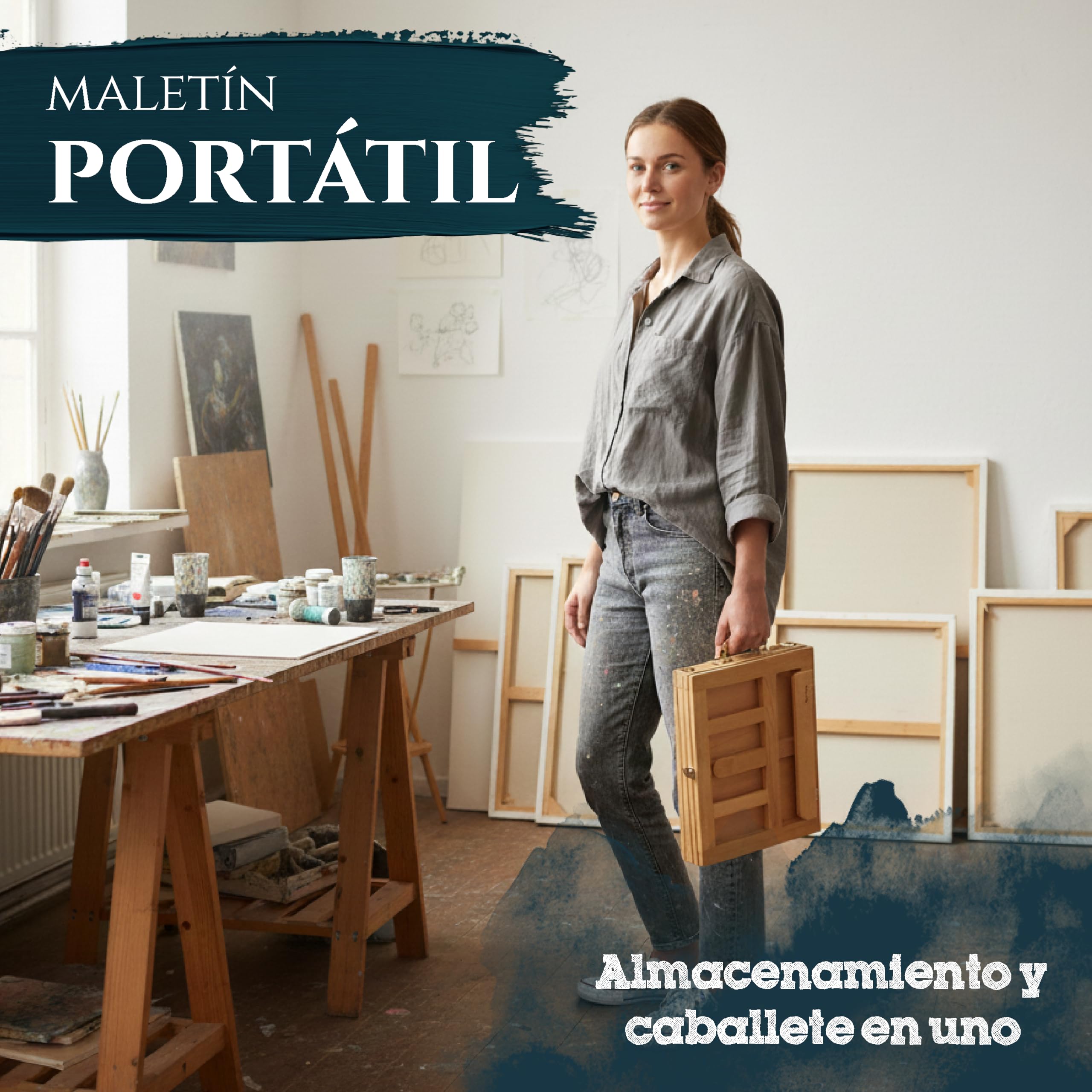 Artina Colmar Caballete de mesa de madera de haya lubricada – Tablero de dibujo estable y ajustable con almacenamiento para pintar y dibujar – Caballete de mesa antideslizante en estuche | Caballete ajustable para pintar y dibujar, antideslizante en malet