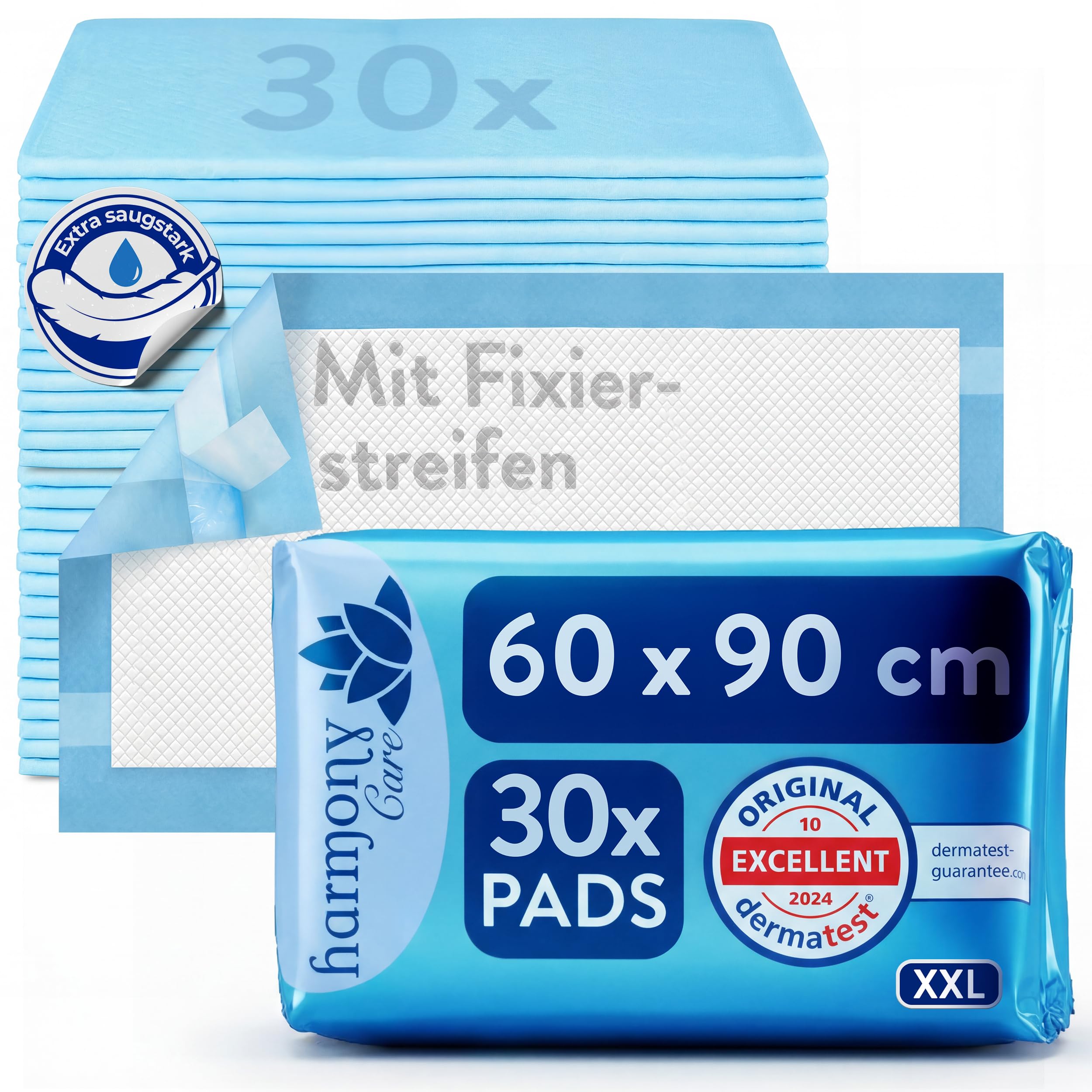 Harmony Care® 30 x Inkontinenz Bettunterlage mit Fixierstreifen, 6-lagig - 60 x 90 cm saugstarke Krankenunterlagen Einmalunterlage - rutschfeste Inkontinenzunterlagen einweg Bettunterlagen