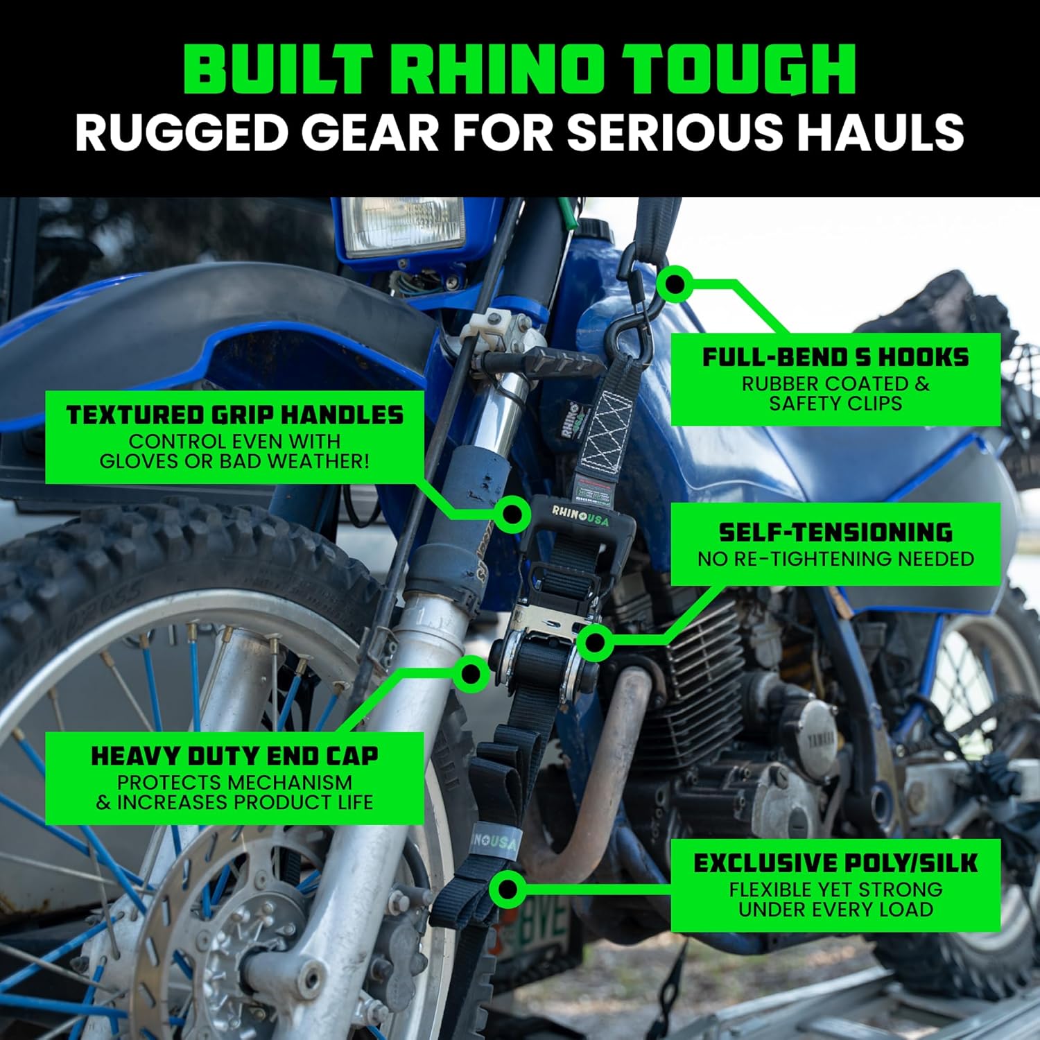 Rhino USA Self Tensioning Ratchet Tie Down Straps (2PK 1.6INX8FT)- Heavy Duty Patented Cargo Strap Keeps Tension When Your Load Shifts - Used for Motorcycle, ATV, UTV, Truck, General Cargo & More - Image 4